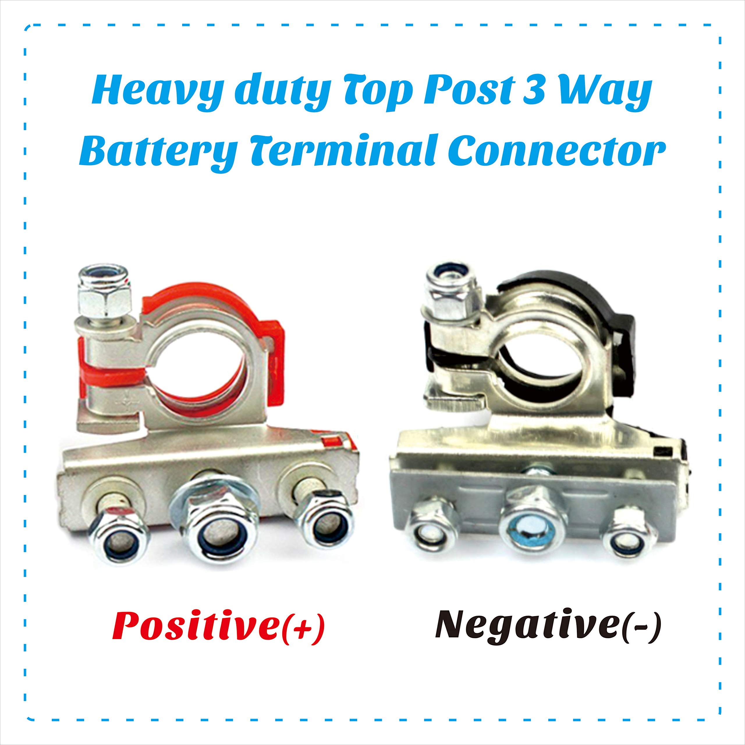 Heavy Duty 3-Way Top Post Battery Terminal Connector - 1pc Negative + 1pc Positive for Car, Truck, Boat & RV Battery Maintenance & Upgrades