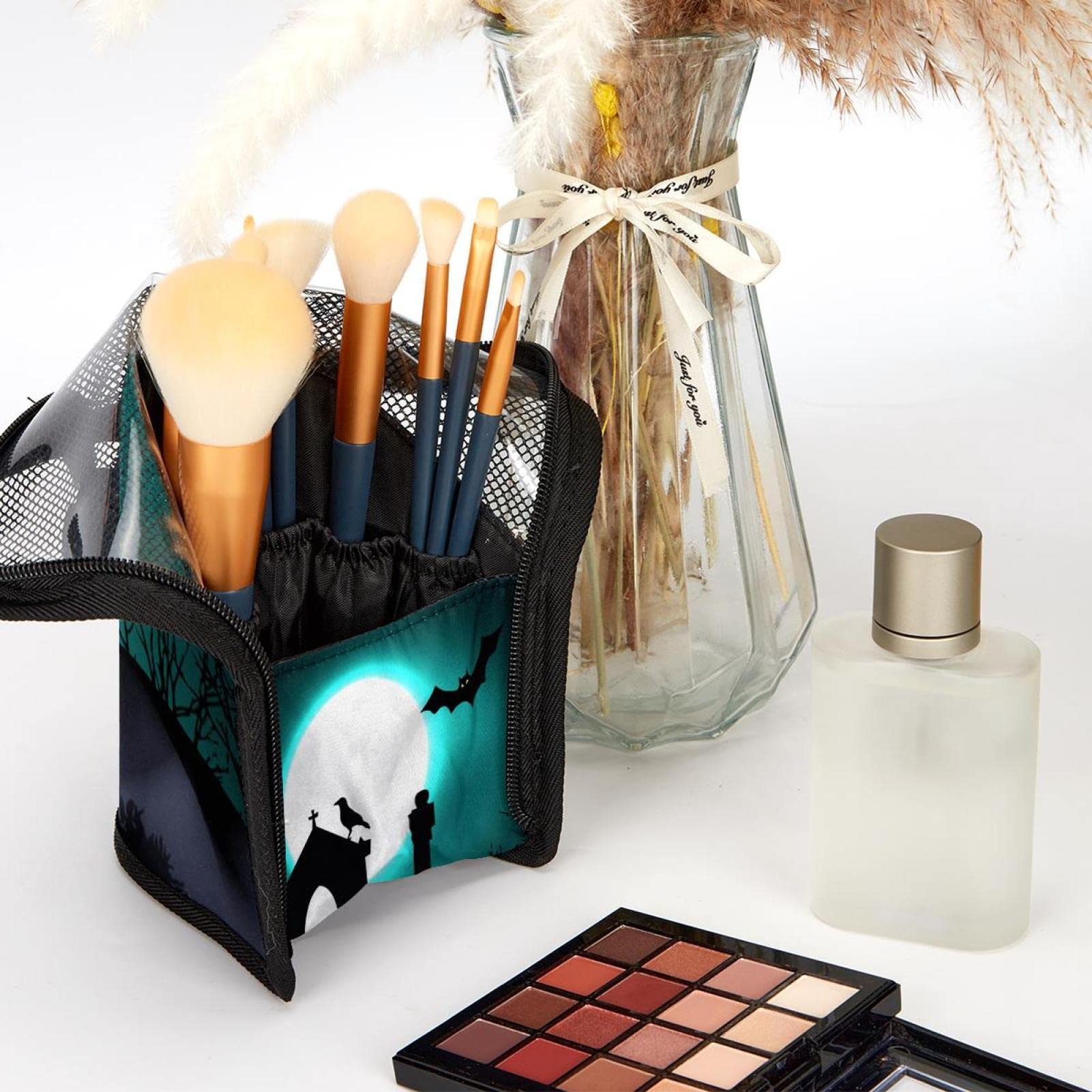 12-Piece Makeup Brush Organizer Bag with Scary Full Moon Bat Design - Portable Travel Cosmetic Brush Holder Case for Professional & Home Makeup Storage