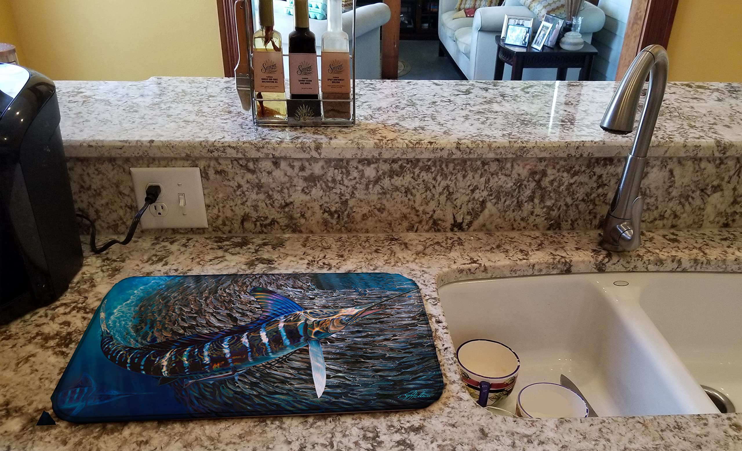 Striped Marlin Dish Drying Mat - Absorbent Kitchen Counter Mat for Dishes | 14 x 21 Inch Multicolor Non-Slip Drainer Pad | Perfect for Countertop Protection & Utensil Drying