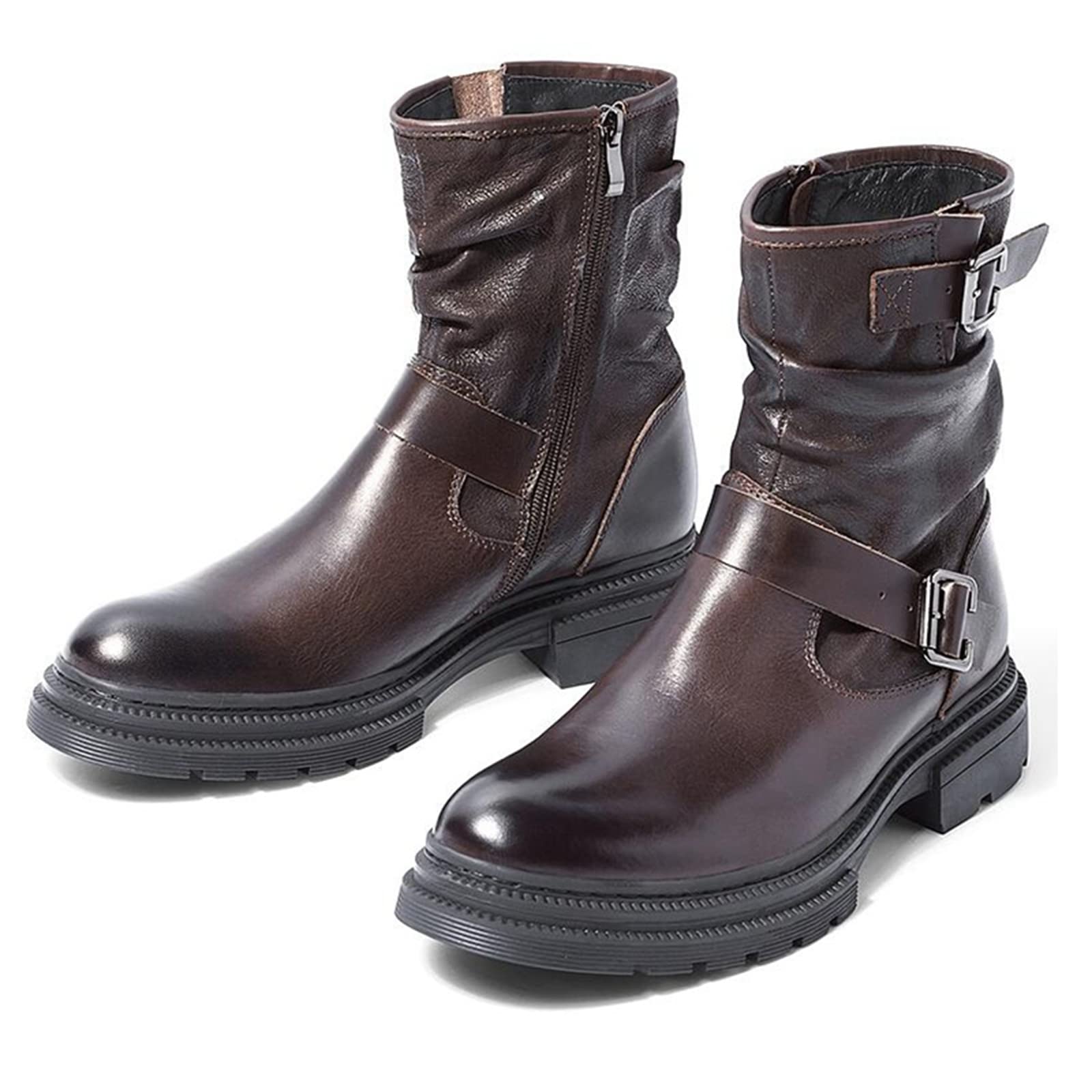 Vintage Men's Cowhide Knight Boots with Buckle Belt - British Style Lace Up Ankle Boots, Zip Up Soldier Boots for Motorcycle Riding & Winter Outdoor Activities | Durable Leather Combat Boots for Men
