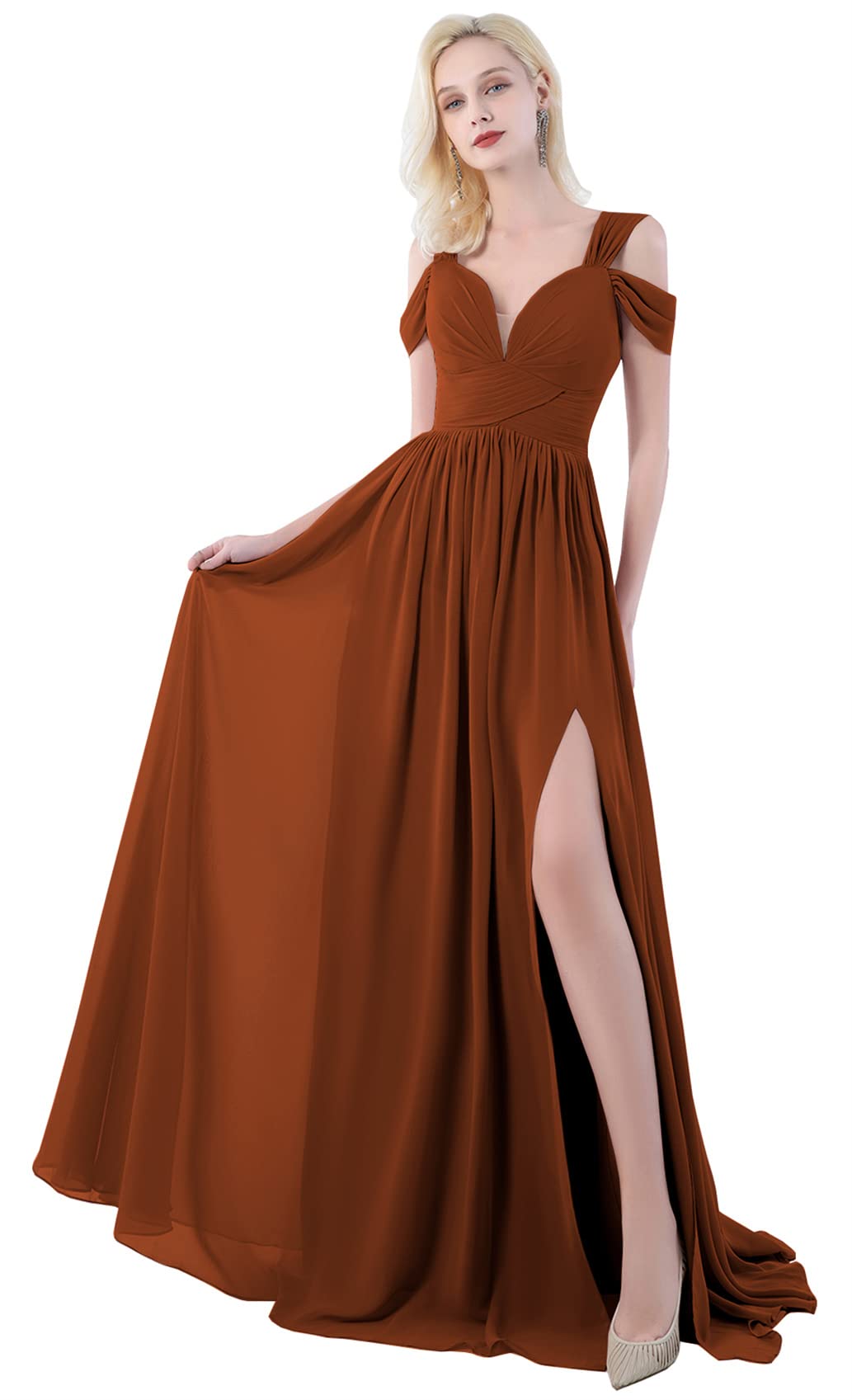 OFEYCHUN Women's Elegant Chiffon Bridesmaid Dress - Long Cold Shoulder A-Line Formal Evening Gown with High Slit | Perfect for Weddings, Prom, Cocktail Parties & Special Occasions