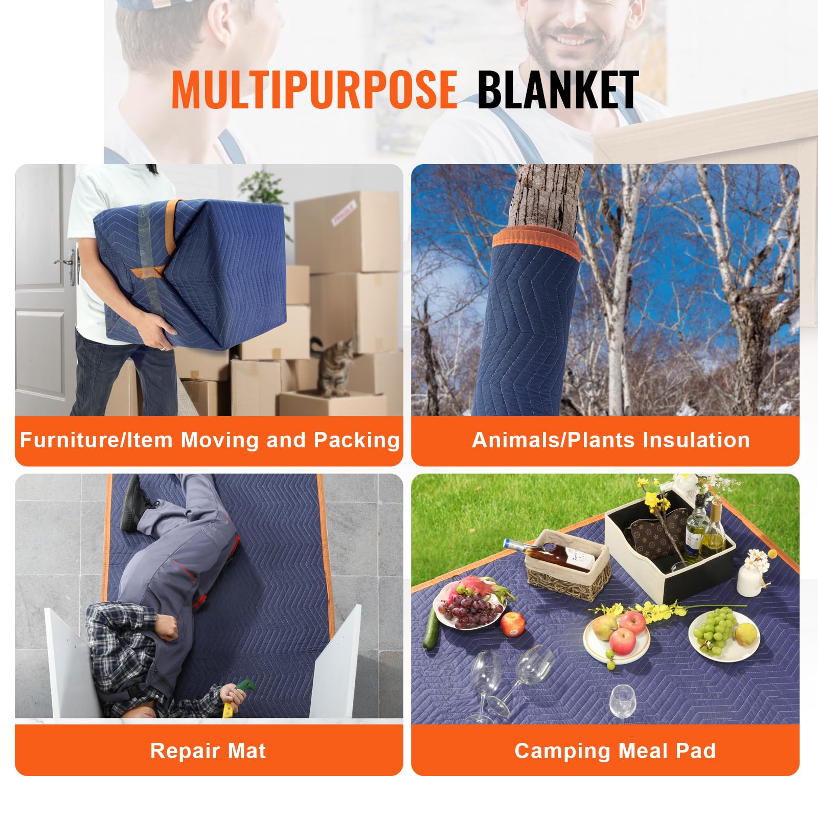 VEVOR YB085-65 Heavy Duty Moving Blankets 12 Pack - 65 lbs/dz, Blue & Orange - Furniture Protectors for Moving, Packing & Storage