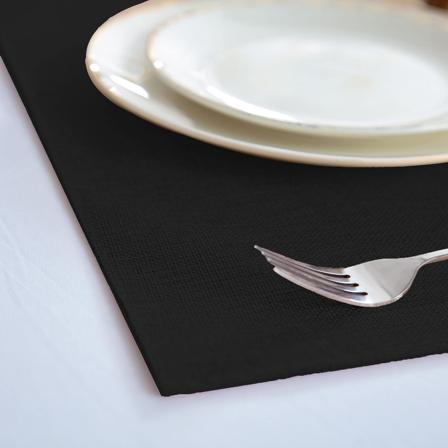 Premium Set of 8 Linen-Like Polyester Placemats - Machine Washable, Heat Resistant & Wrinkle-Free Thick Dining Table Mats for Kitchen & Formal Occasions (Black) - Perfect for Everyday Meals, Dinner Parties & Holiday Gatherings