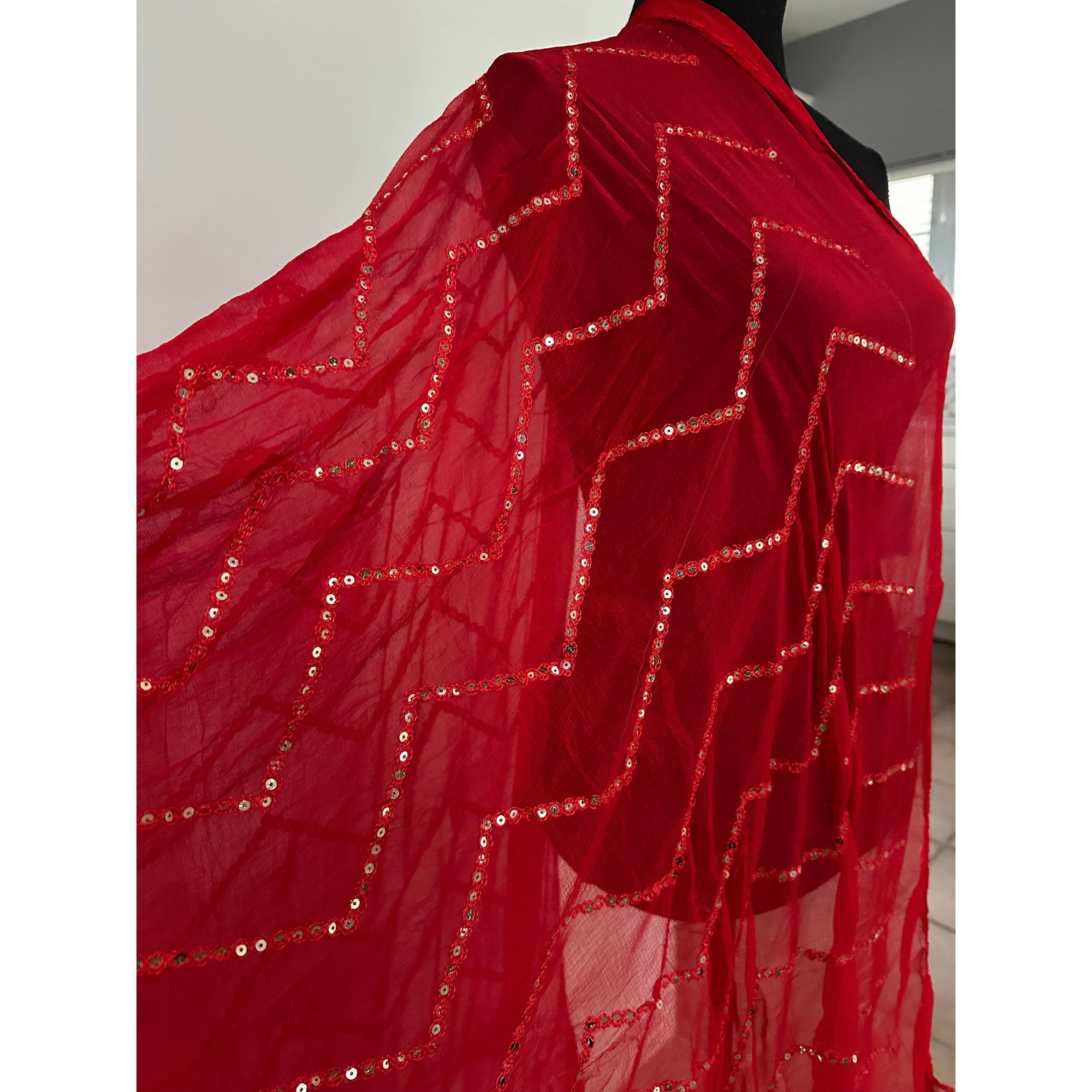 Elegant Red Dupatta with Gold Sequins - Traditional Indian Scarf for Women - Perfect for Weddings, Parties & Festive Occasions