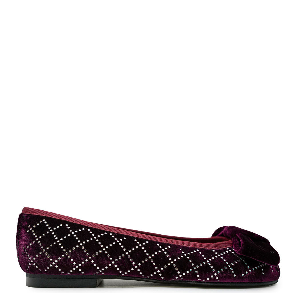 Burgundy Velvet Studded Bow Flats for Women - Elegant Comfortable Ballet Shoes for Casual Wear, Parties & Weddings