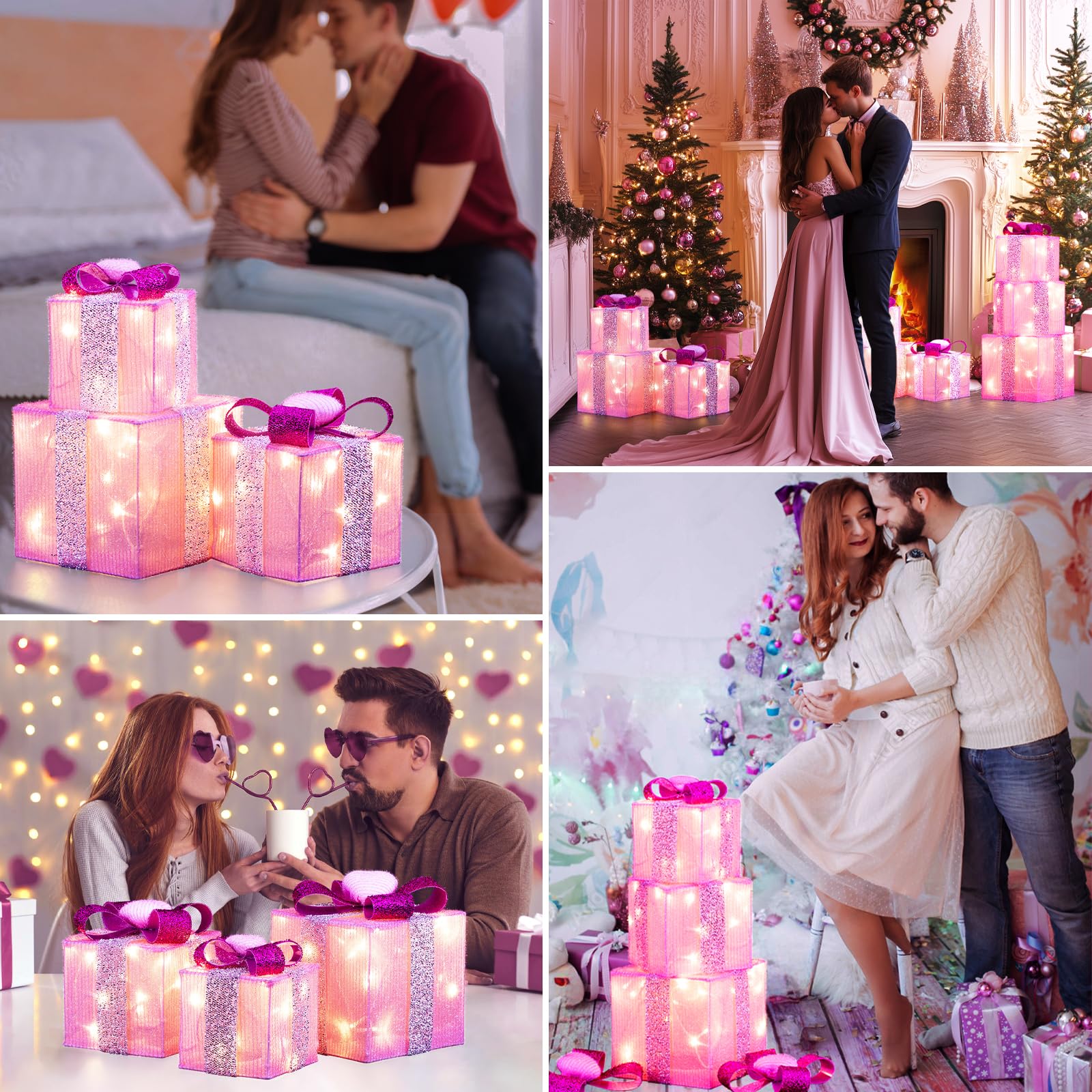 Areker 3-Piece LED Lighted Gift Box Set with Timer - Battery Operated Christmas & Valentine's Day Decorations (60 Pink Heart Lights) for Indoor & Outdoor Use - Perfect for Holiday Parties, Home Decor, and Romantic Gifts