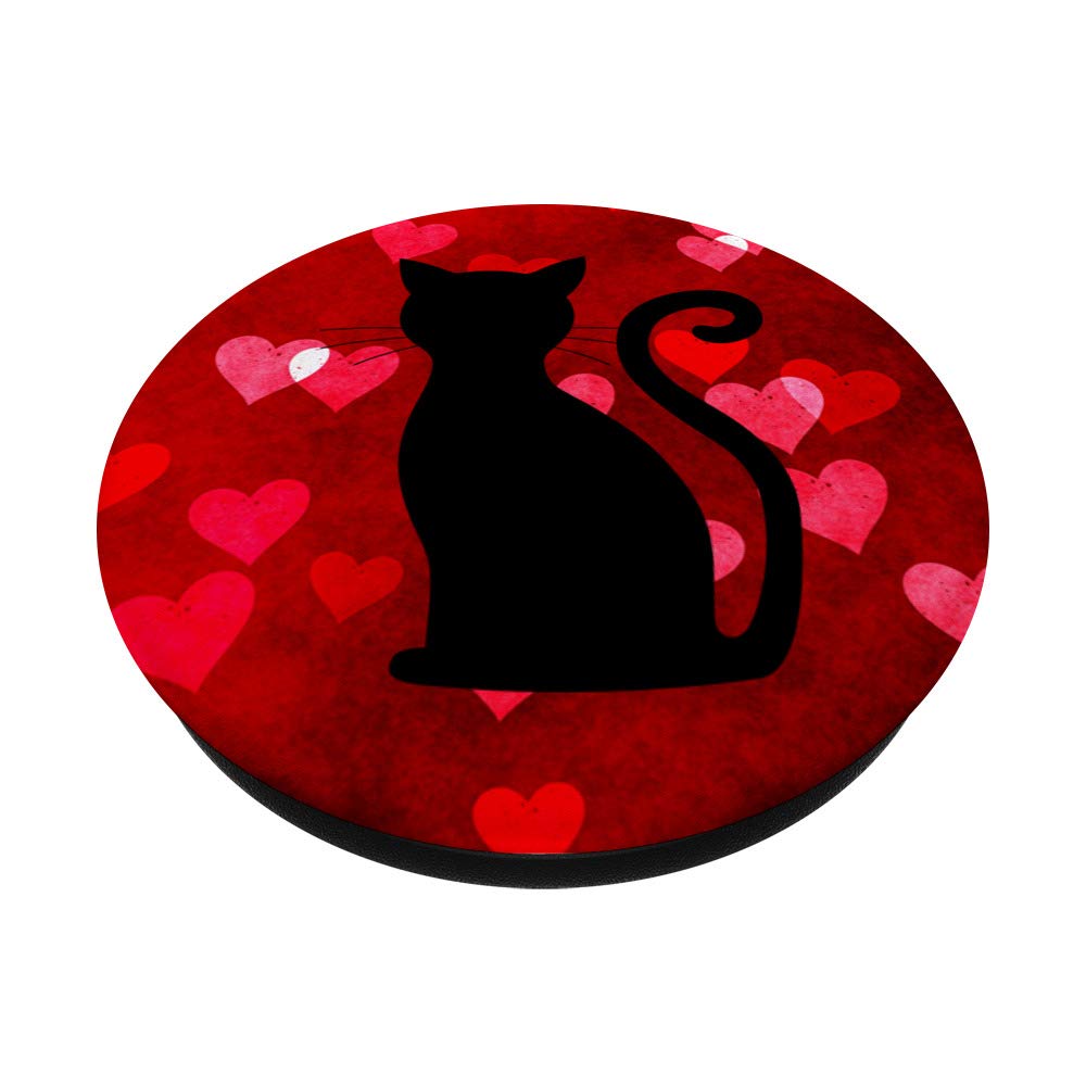 Cat Design Black Shape on Heart Red Pattern Love PopSocket PopGrip - Swappable Phone & Tablet Grip for Stylish Everyday Use