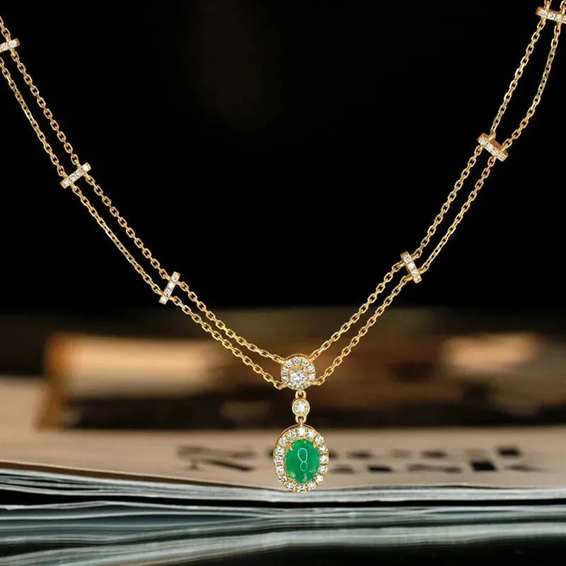 18K Yellow Gold Emerald and Diamond Pendant Necklace for Women - Real Natural Gemstone Luxury Jewelry for Parties, Weddings & Special Occasions