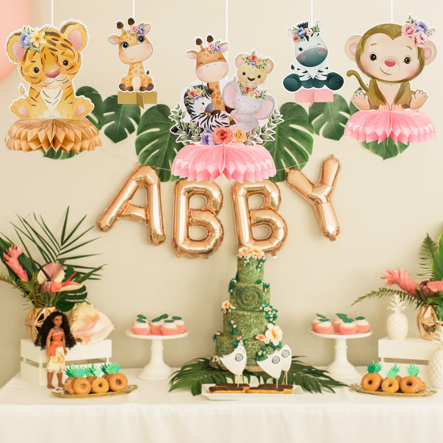 12Pcs Floral Safari Animal Honeycomb Centerpieces - Pink Jungle Baby Shower Decorations, Wild Animal Theme Party Table Toppers for Girls' Wild One Birthday - Perfect for Baby Showers, Birthday Parties & Photo Props