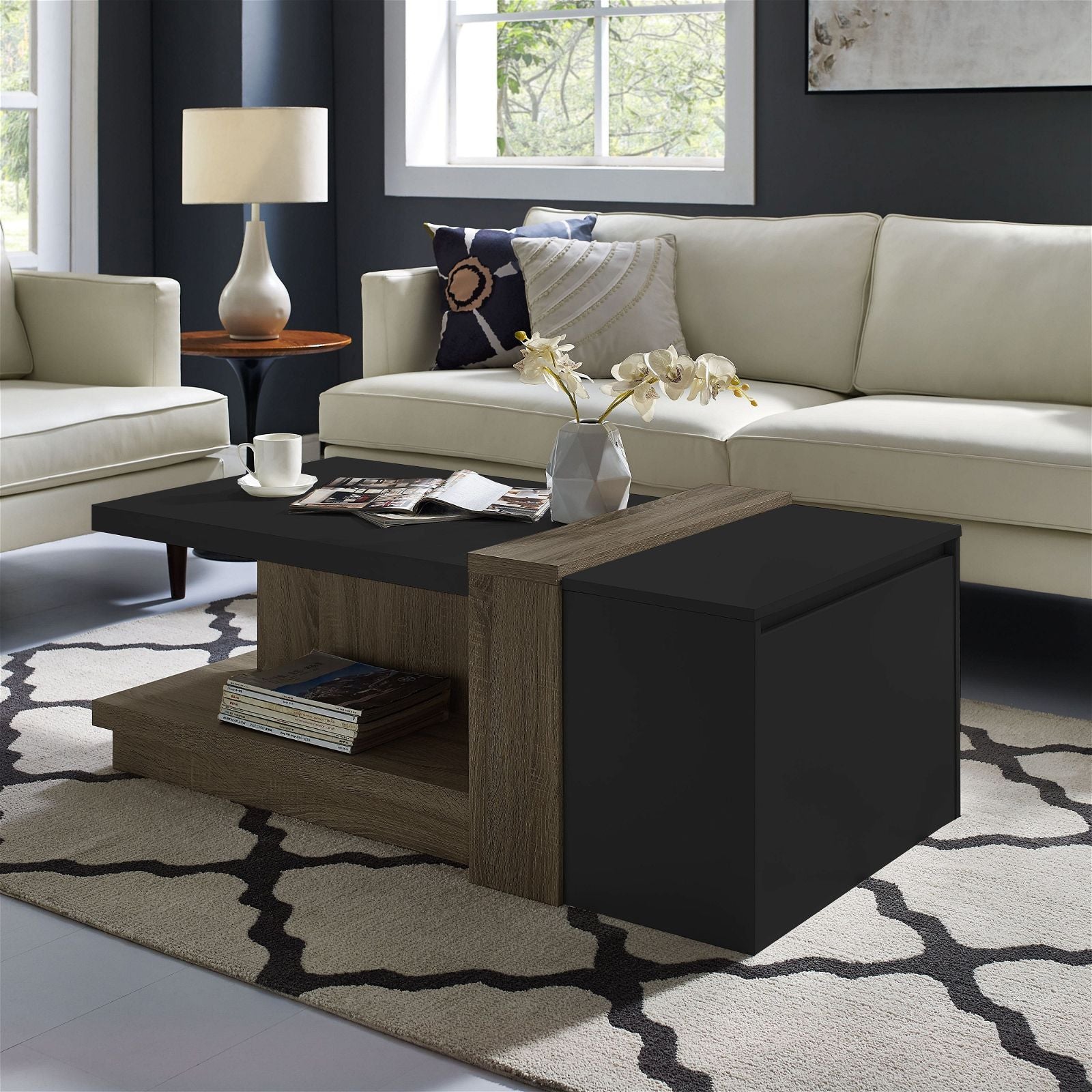 Tauris™ Duet Coffee Table - Dark Oak & Black Finish - Modern Living Room Furniture for Small Spaces & Apartments