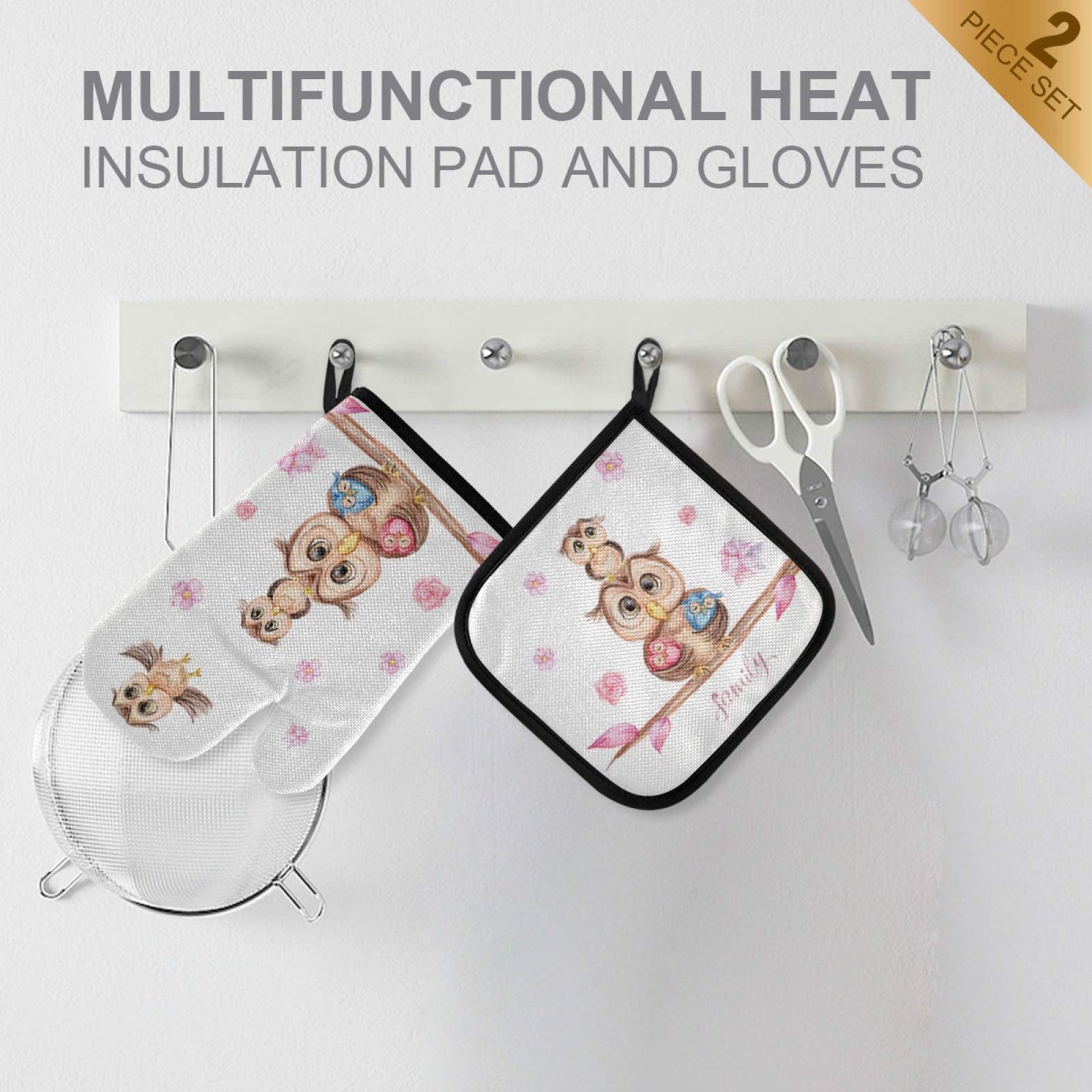 Exnundod Spring Owl Family Pot Holders & Oven Mitts Set - Floral Love Kitchen Mittens & Hot Pads for Cooking, Baking, BBQ, and Bakeware - Perfect for Home Kitchens and Outdoor Grilling