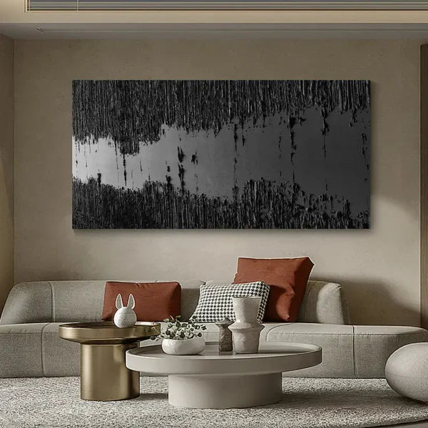 Black Minimalist Textured Painting #MZ014 - Modern Abstract Wall Art for Living Room, Bedroom & Office Decor