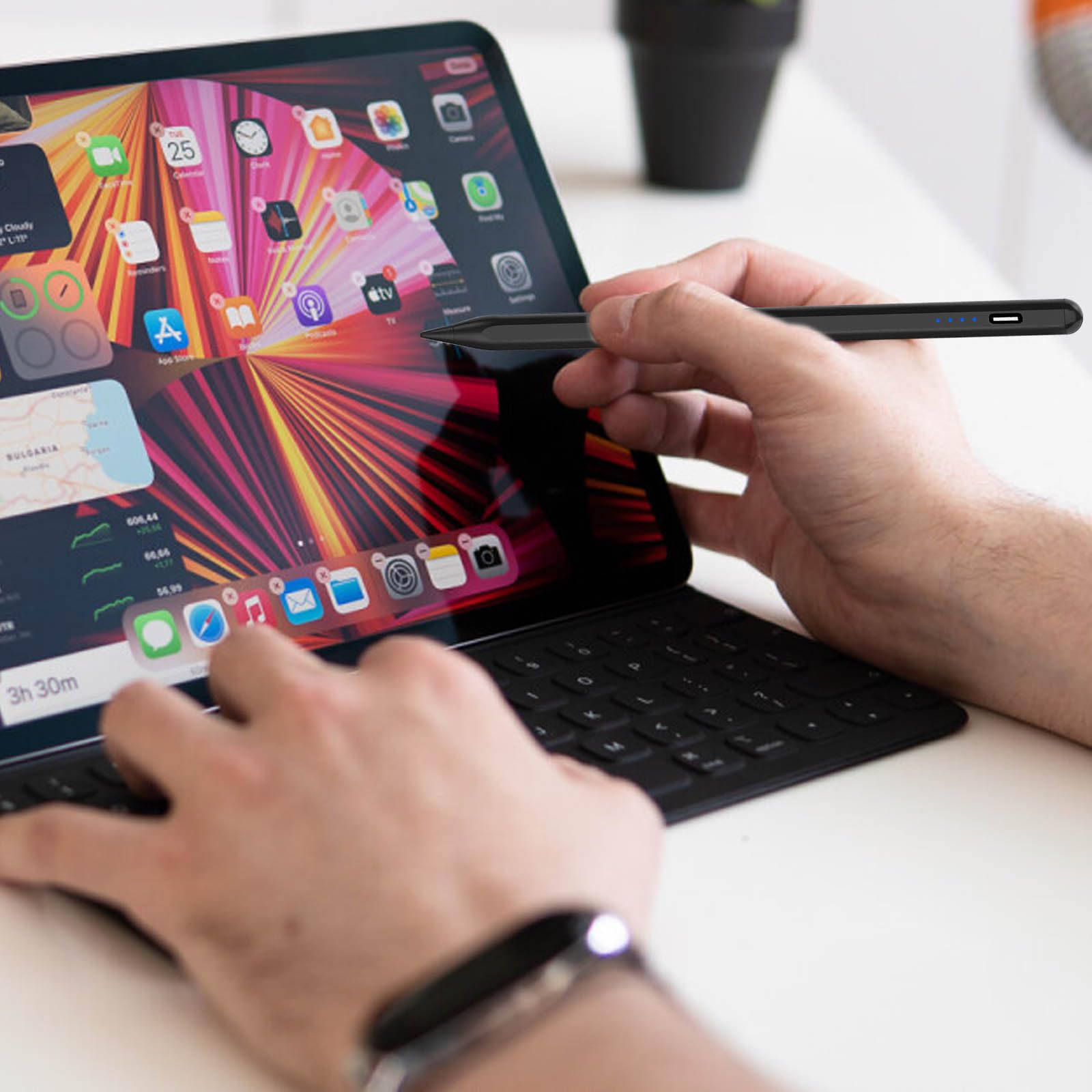 Rechargeable Active Stylus Pen for iPad Pro/Air/Mini & iPhone - POM Tip Magnetic Touch Screen Stylus with Precision Control - Perfect for Drawing, Note-Taking & Digital Art (Black)