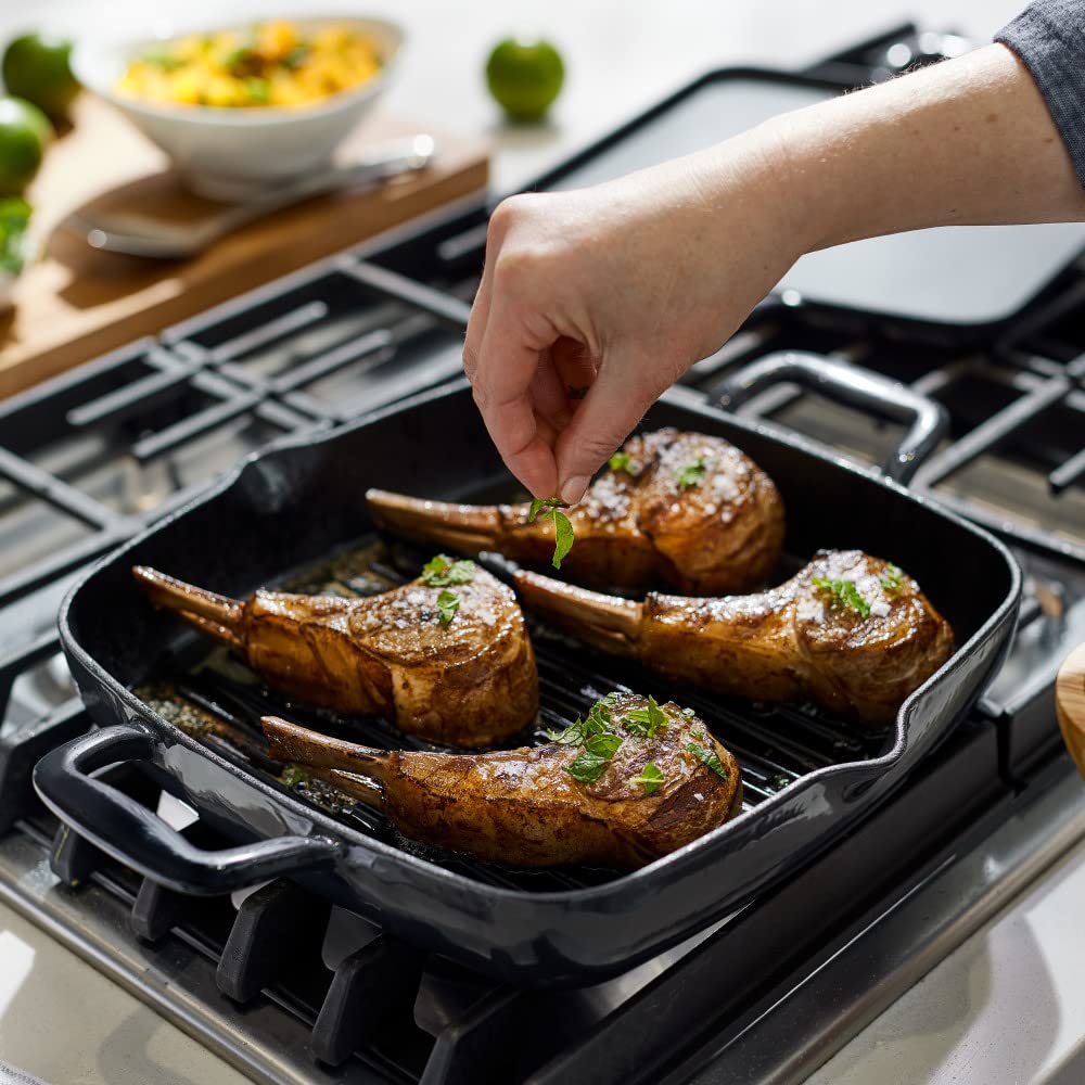 All-Clad 11 Inch Enameled Cast Iron Square Grill Pan with Acacia Wood Trivet - Induction, Oven & Broiler Safe Up to 650°F - Premium Black Cookware for Grilling, Searing & Roasting - Perfect for Steaks, Burgers & Vegetables
