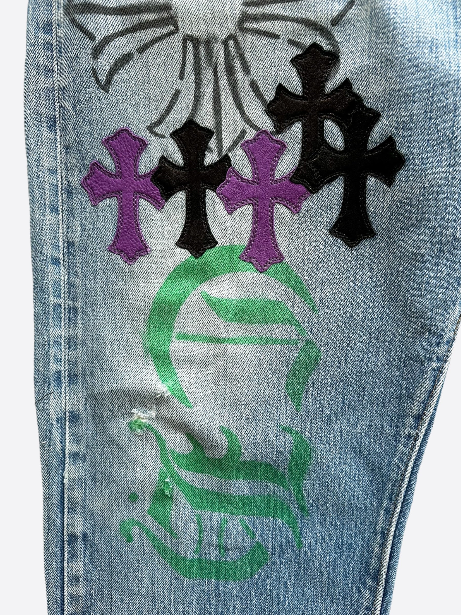 Chrome Hearts x Levi's Blue Cross Patch Distressed Denim Jeans for Men & Women - Vintage Style Ripped Skinny Jeans - Perfect for Streetwear & Casual Outfits