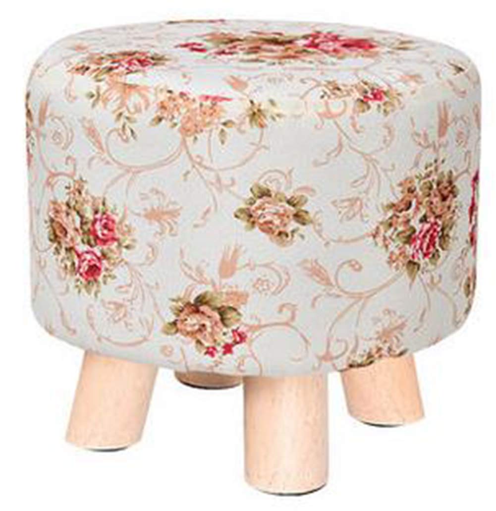 Blancho Round Wooden Footstool with Linen Cover - Versatile Foot Rest for Adults & Kids, Floral Design - Perfect for Living Room, Bedroom, or Nursery Decor