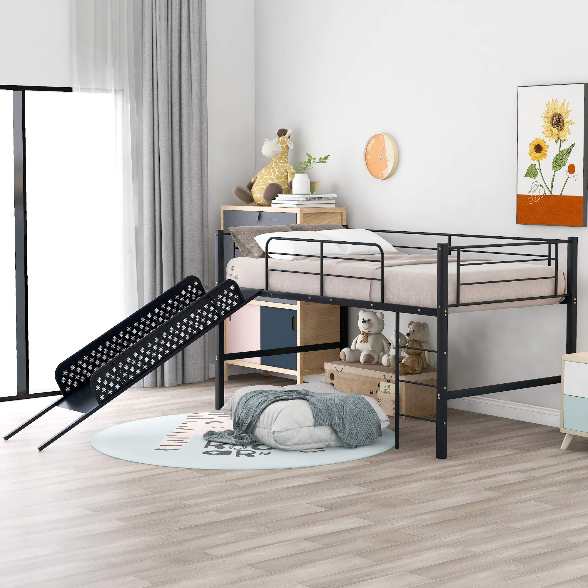 **Metal Twin Loft Bed with Slide for Kids & Toddlers - Sturdy Low Loft Bed for Boys & Girls Bedroom - Multifunctional Design, No Box Spring Needed (Black) - Perfect for Small Spaces & Playrooms**