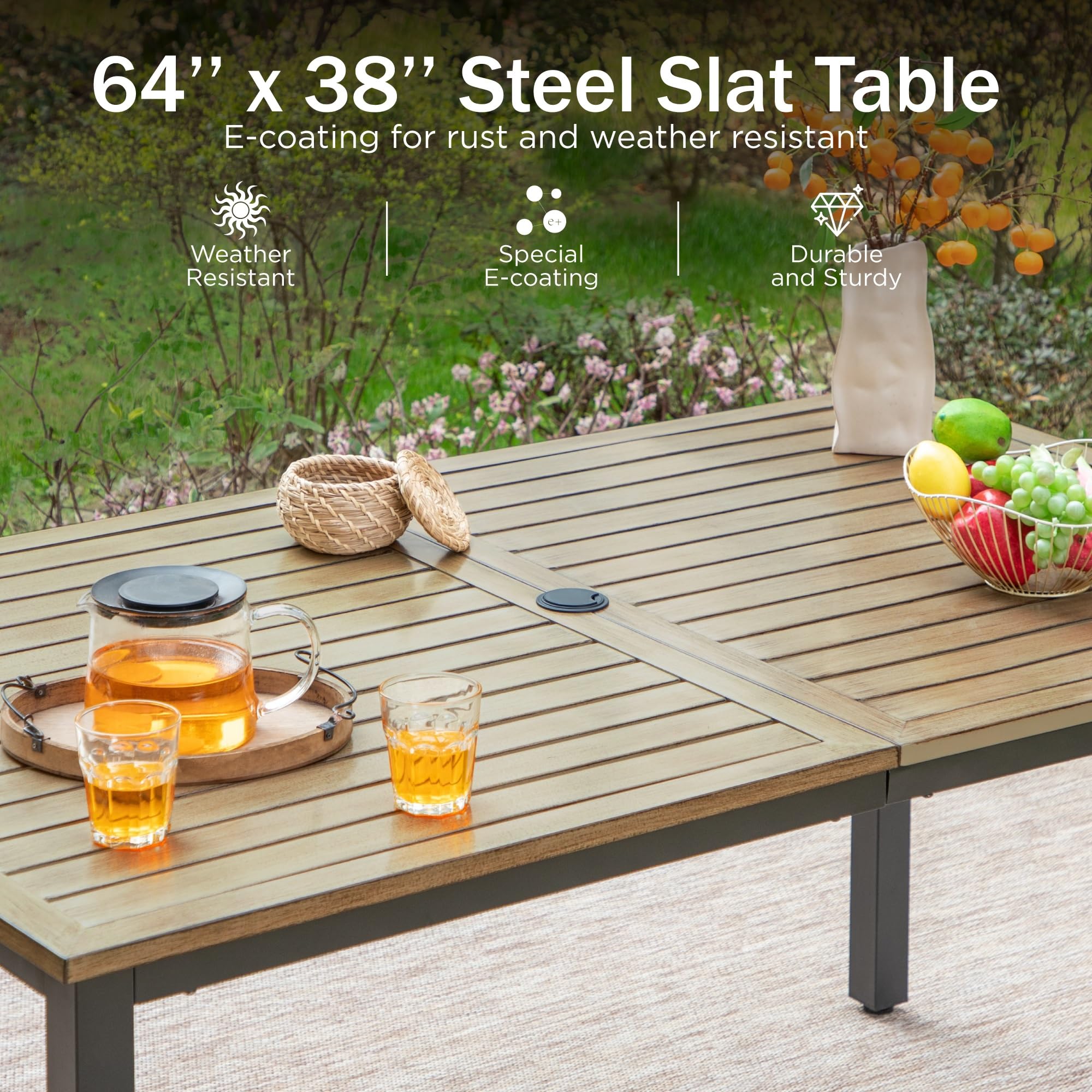 PHI VILLA 64-Inch Rectangular Outdoor Dining Table - Weather-Resistant Wood-Like Tabletop with Umbrella Hole - Patio, Lawn, Backyard & Garden Furniture (Brown) | Perfect for Outdoor Entertaining, BBQs & Poolside Dining