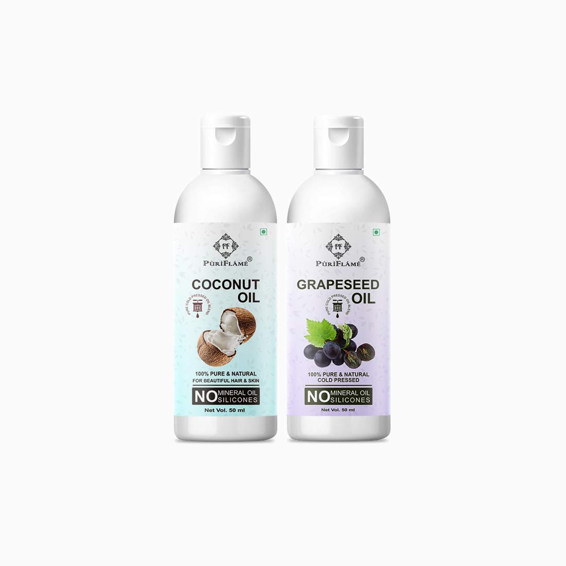 PuriFlame 100% Pure Coconut Oil & Grapeseed Oil Combo (50ML Each) - Natural Hair Growth Treatment for Stronger, Softer & Shinier Hair - Reduces Hair Fall & Split Ends - Perfect for Daily Hair Care & Scalp Massage (Pack of 2)