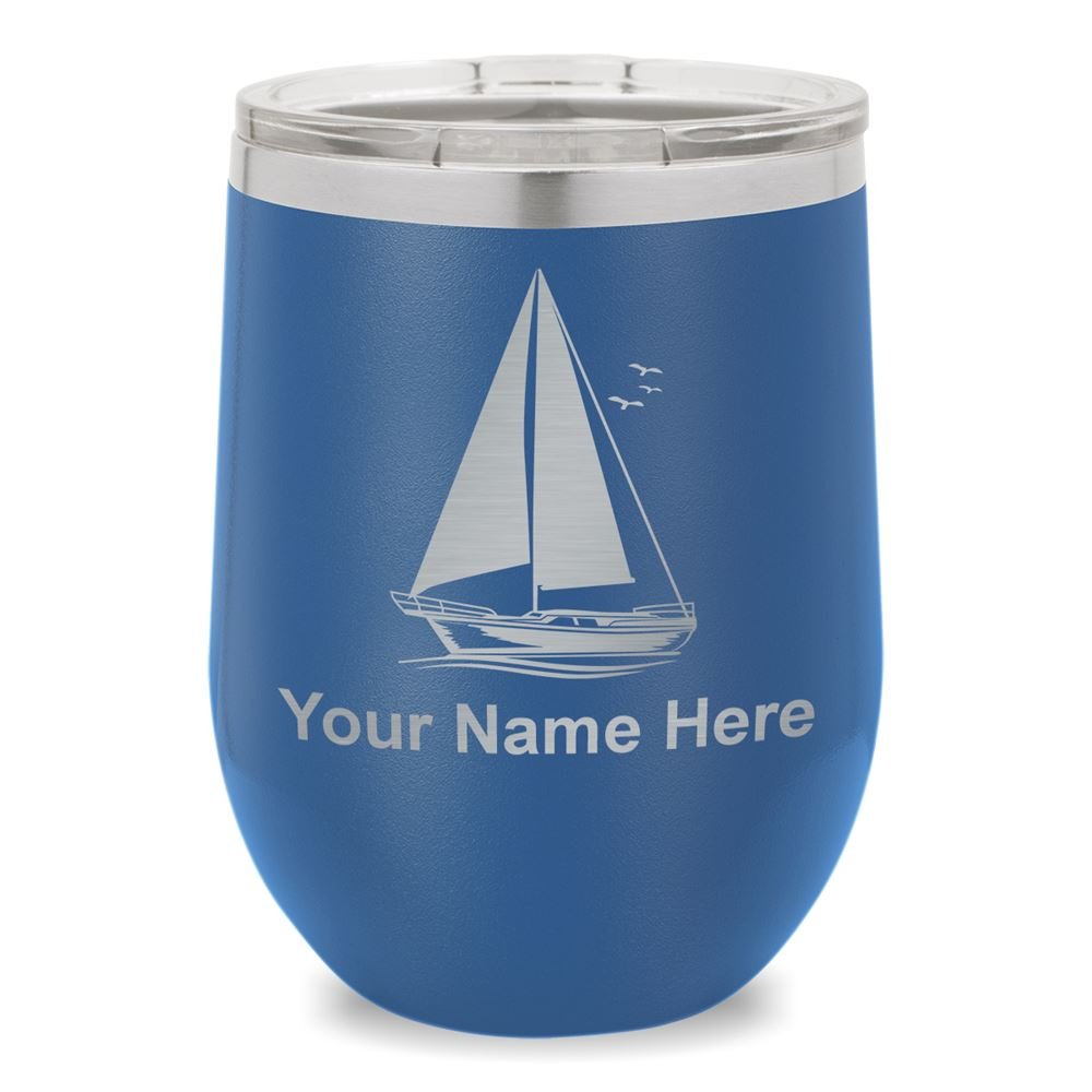 Personalized Sailboat Engraved Wine Glass Tumbler - Dark Blue, Perfect for Wedding Gifts, Anniversary Presents & Nautical Themed Parties