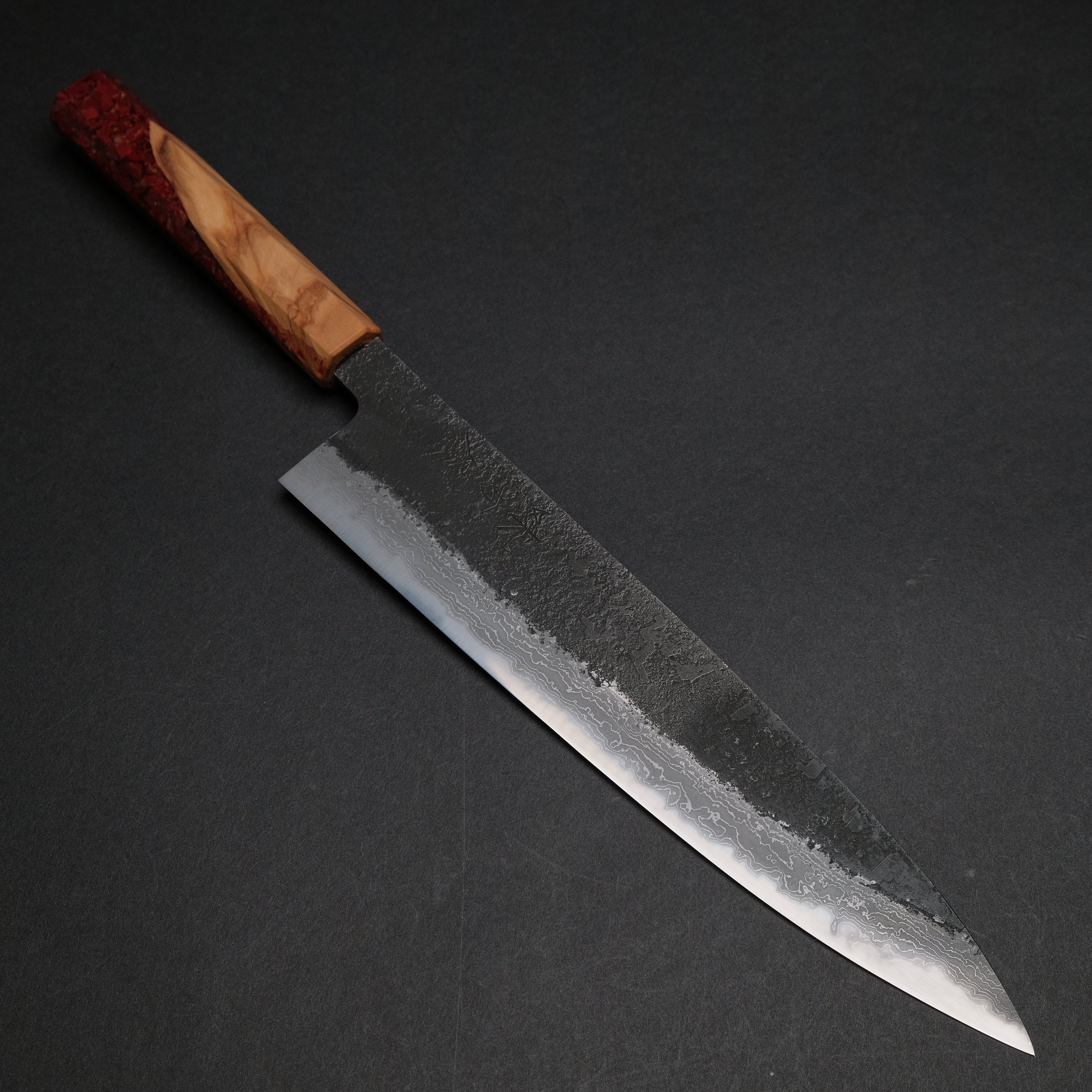 Premium Ajikataya White #2 Nashiji Damascus Gyuto 240mm Japanese Chef Knife with Olive/TQPRV Handle (#43) - Perfect for Sushi, Meat Slicing & Professional Kitchen Use