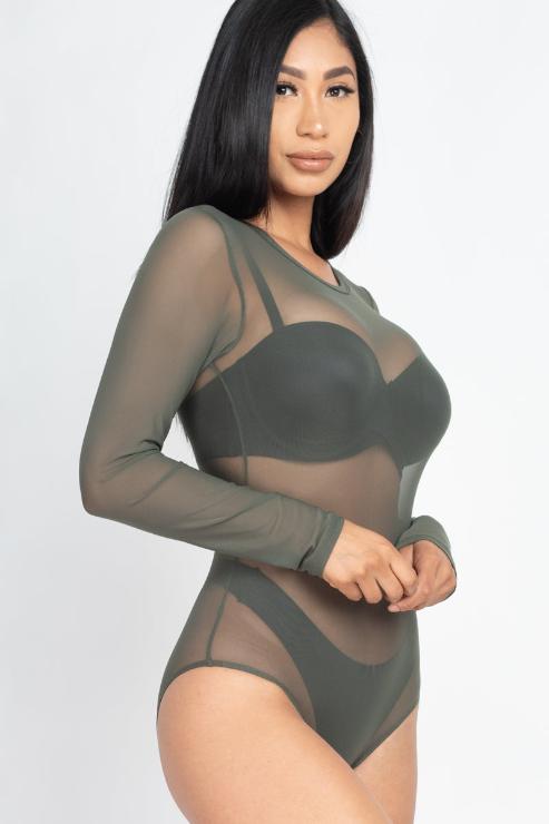 Sexy Sheer Mesh Long Sleeve Bodysuit for Women - Stretchy Lingerie Bodysuit with Thong Bottom - Perfect for Date Night, Club Wear & Boudoir Photography