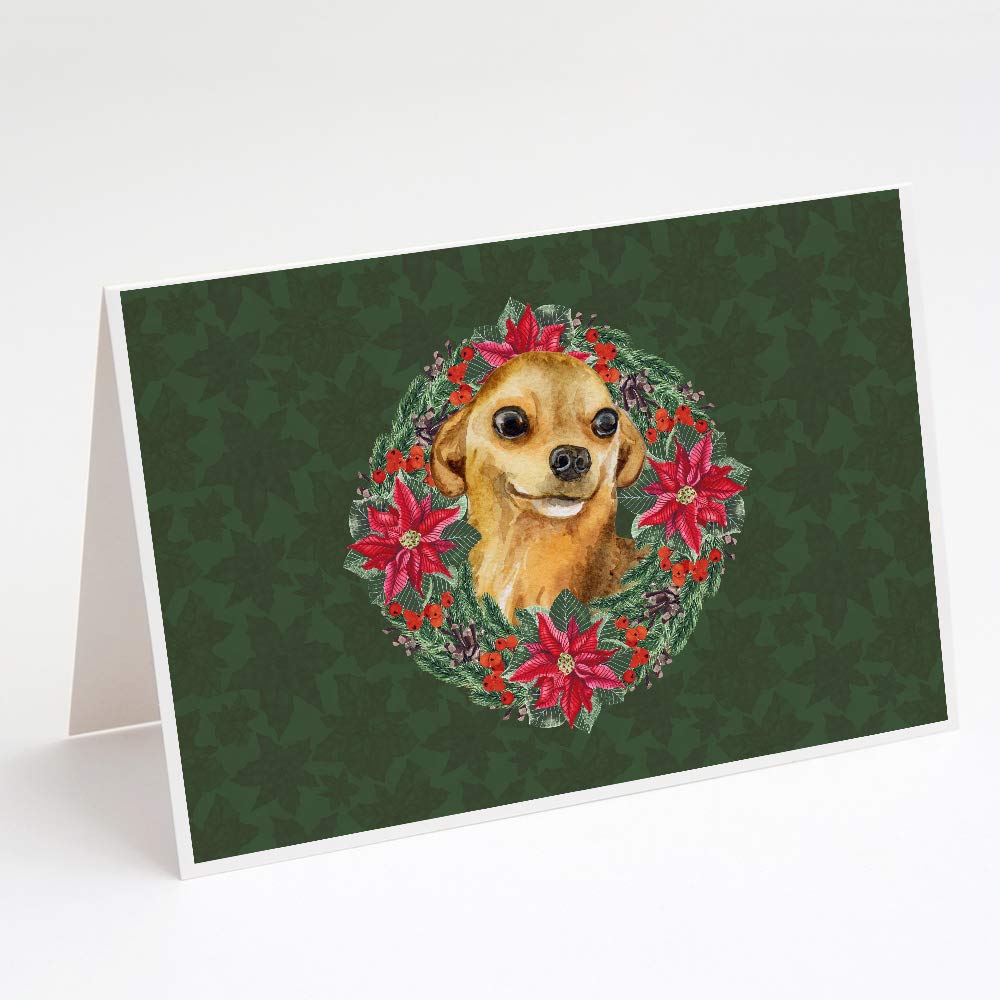 Chihuahua Poinsettia Wreath Greeting Cards - Pack of 8 Blank A7 Note Cards (5x7) with Envelopes | Whimsical Holiday Cards for Christmas Gifts, Thank You Notes & Seasonal Greetings