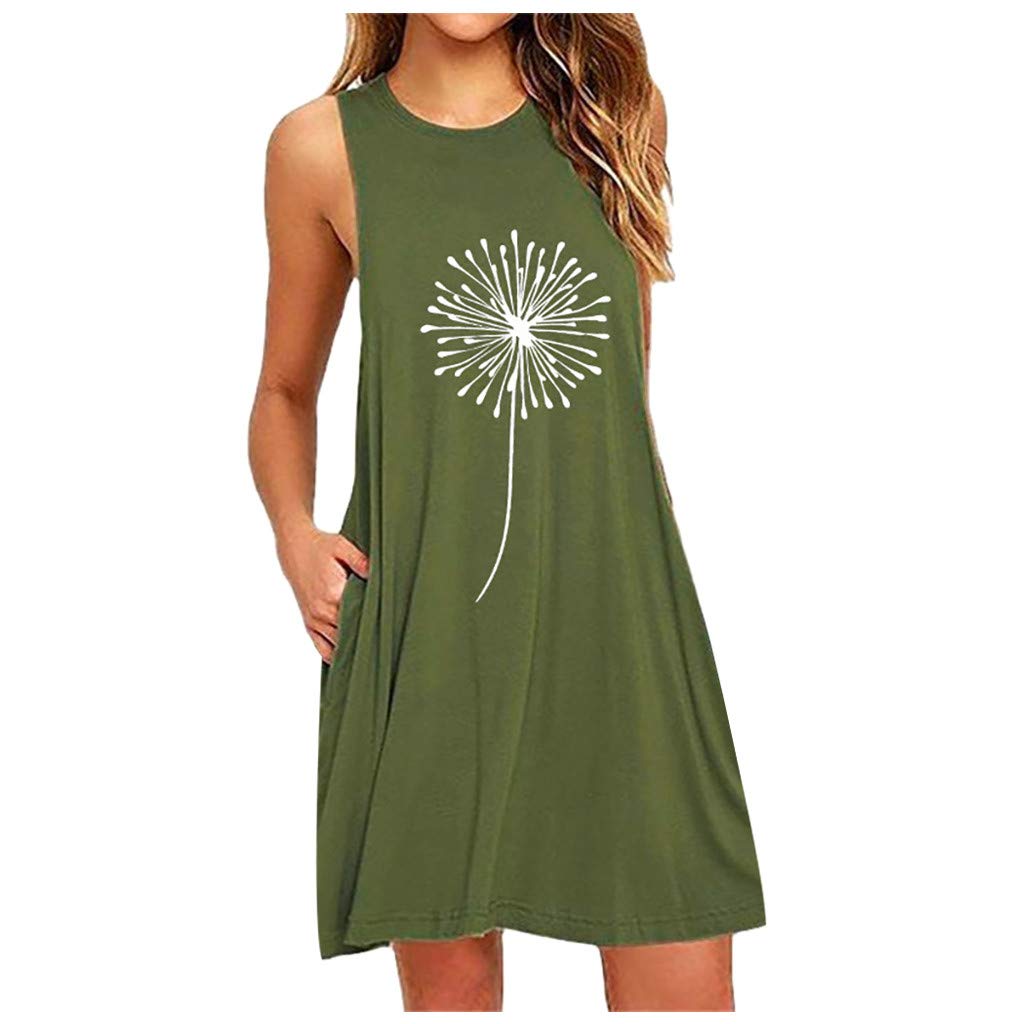 Euone Women's Summer Casual Sleeveless Dress with Pocket - Floral Print O-Neck Nightdress - Green XXL - Perfect for Beach Vacation, Outdoor Parties & Daily Wear