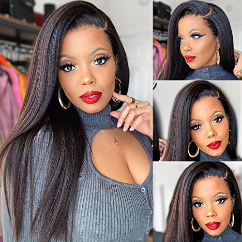 Nadula 13x4 Kinky Straight Human Hair Lace Front Wig | 150% Density Glueless Brazilian Remy Hair | Yaki Straight Wig for Black Women | 20 Inch with Baby Hair | Perfect for Daily Wear, Parties & Special Occasions