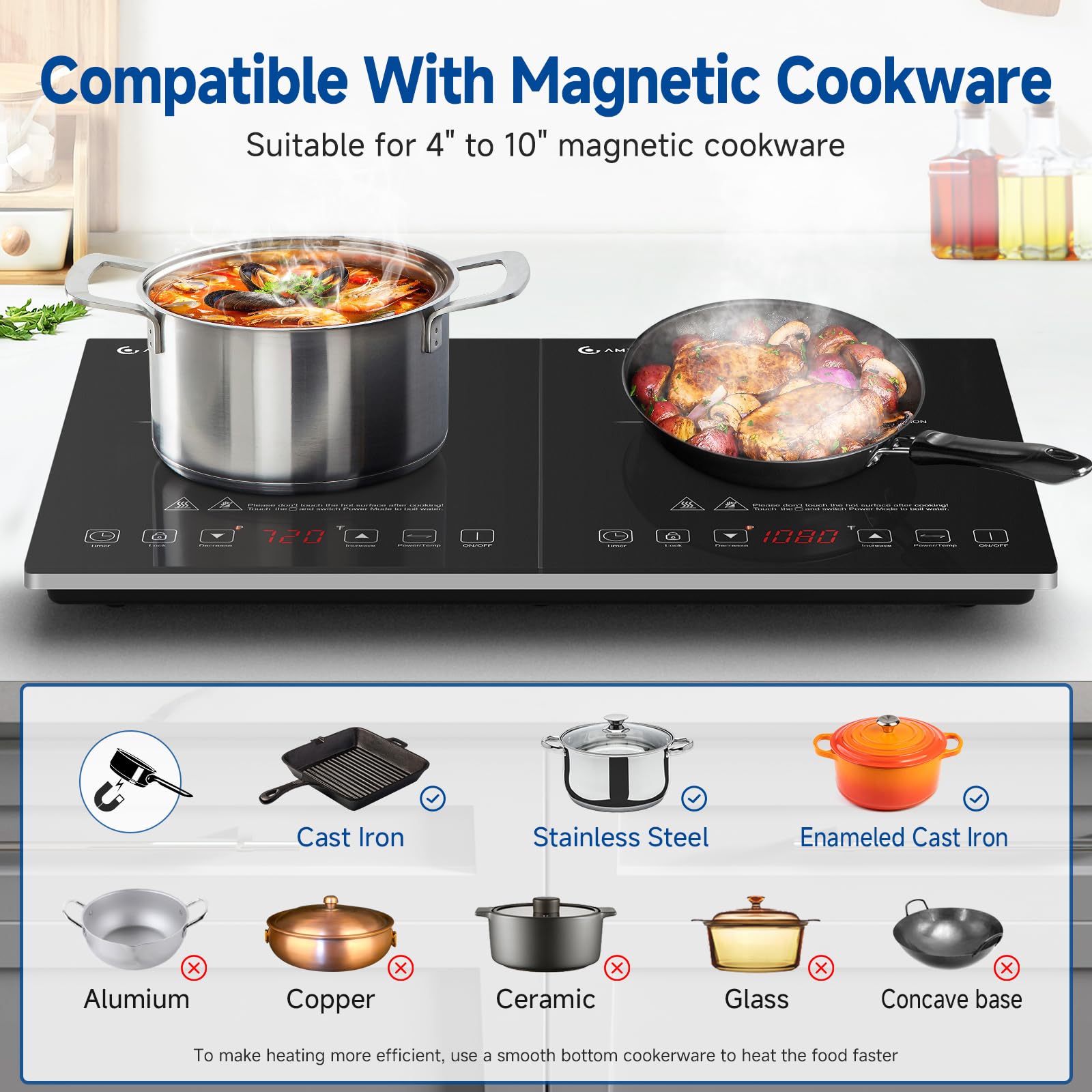 AMZCHEF Double Induction Cooktop - 2 Burner Electric Stove with 1800W Sensor Touch, 20 Temp & Power Levels, Independent Control, Low Noise, 3H Timer & Safety Lock - Perfect for Home Kitchen, Dorm Cooking & RV Use