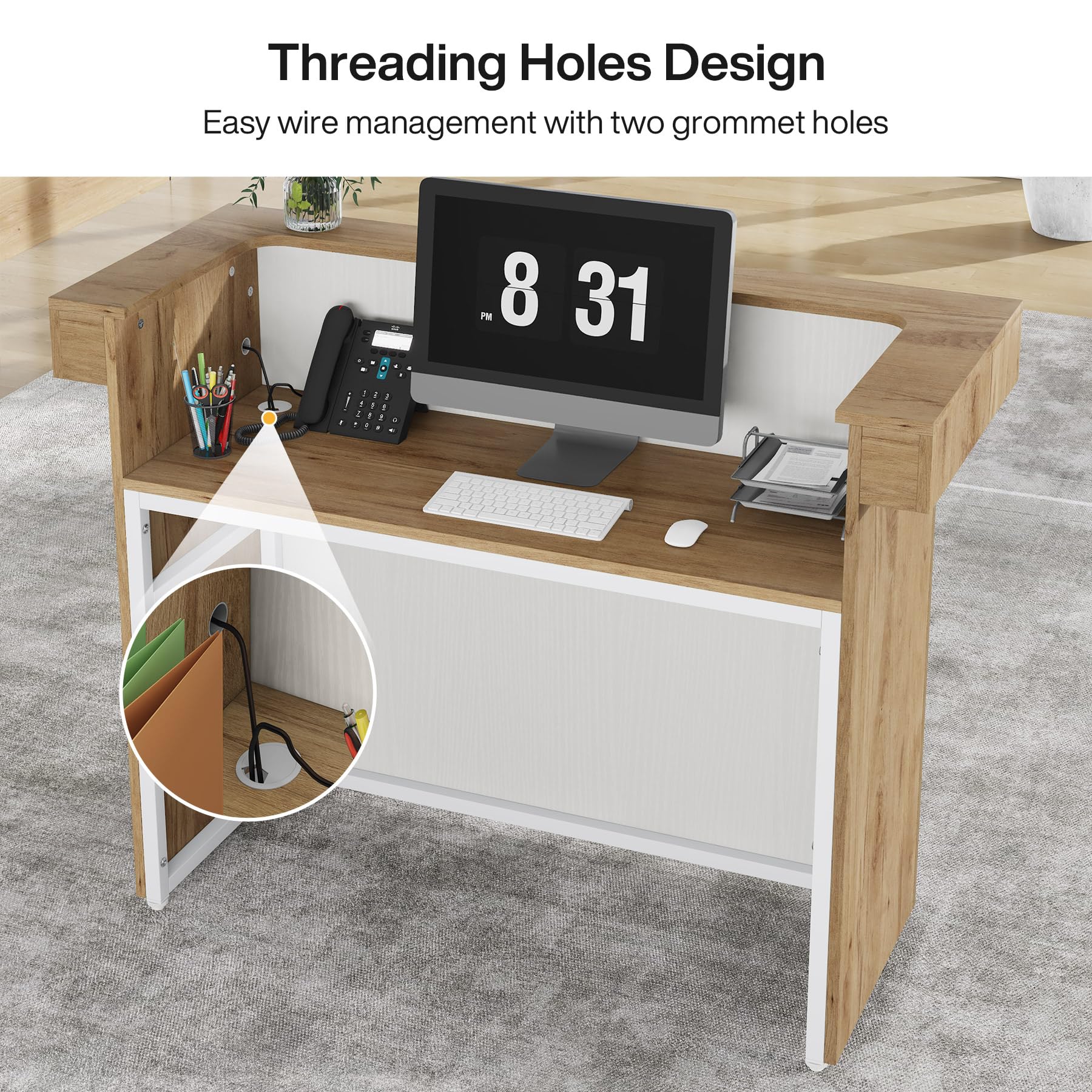 Tribesigns 55-Inch Modern Reception Desk with Built-in Light & Cable Grommets - Brown Office Lobby Counter Table for Salon, Retail Shop & Business Waiting Area - Perfect for Professional Spaces & Commercial Interiors