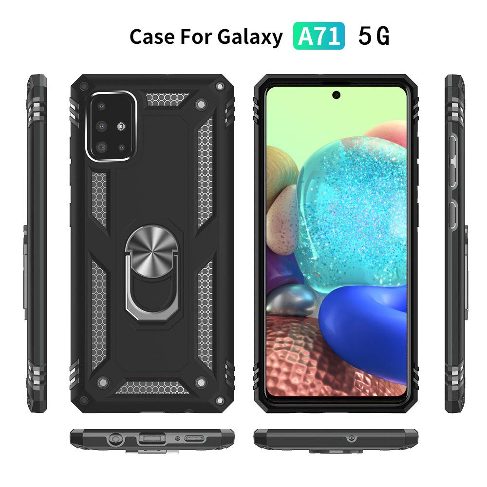 Samsung Galaxy A71 5G Case with Screen Protector - Military Grade Shockproof Phone Cover with Ring Stand, Compatible with Samsung A71 5G (Black) - Perfect for Outdoor Activities, Travel & Daily Protection