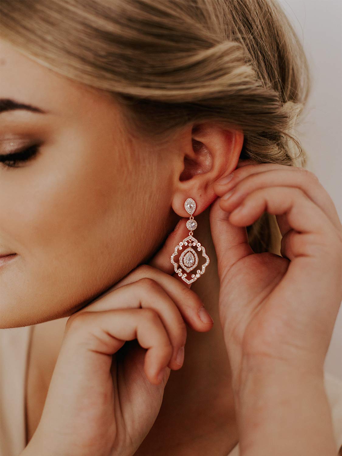 SWEETV Rose Gold Art Deco Drop Dangle Earrings - Elegant Wedding & Bridal Jewelry for Women | Perfect for Brides, Formal Events & Special Occasions