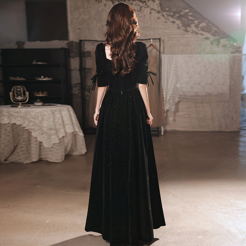 Elegant A-Line Velvet Long Prom Dress with Mid Sleeves - Black Formal Evening Gown for Homecoming, Wedding Guest, Cocktail Party & Special Occasions