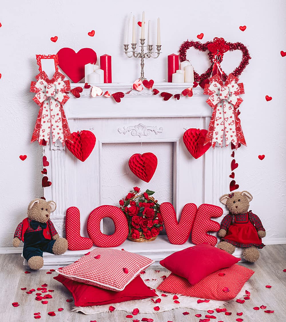 Valentine's Day Wreath Bows - Red & White Heart Burlap Ribbon Bows for Wreaths, Tree Toppers, Home Decor - Indoor & Outdoor Decoration for Valentine's Day, Weddings, Parties & Seasonal Wreath Ornaments