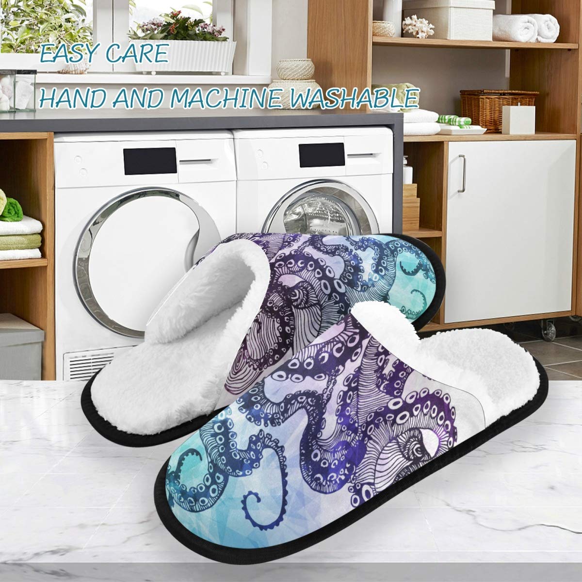 ALAZA Non-Slip Abstract Octopus Slippers for Men & Women - Cozy Home, Hotel, Spa, Bedroom & Travel House Shoes for Indoor Comfort