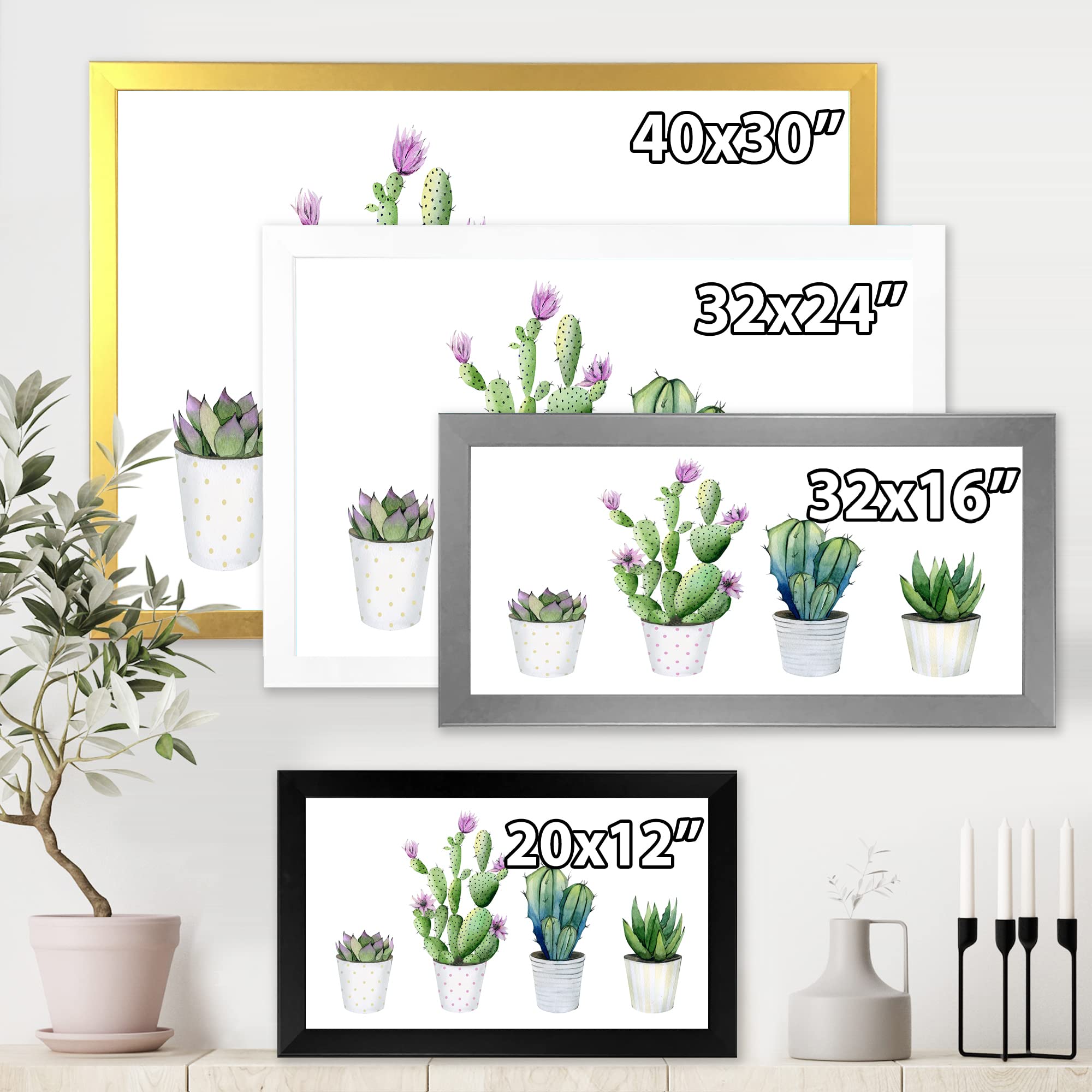DesignQ Cactus Succulent Aloe Vera Potted Plants - Farmhouse Style Framed Wall Art Decor for Living Room, Bedroom & Office