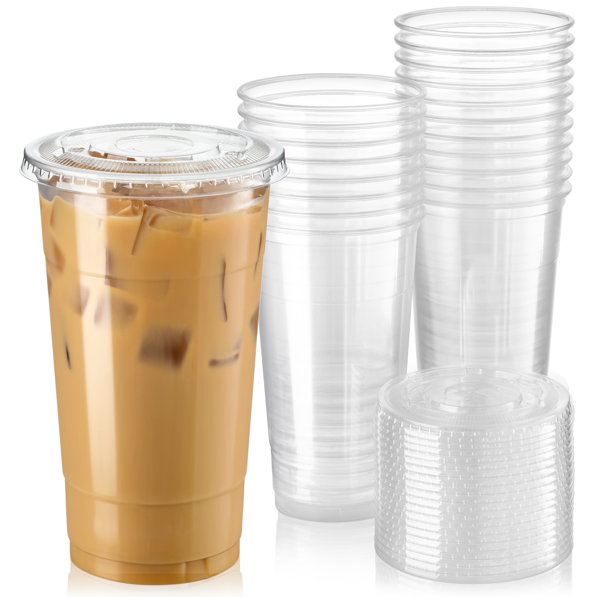 300-Pack 32oz Clear Plastic Cups with Flat Lids - BPA Free Disposable Meal Prep & Iced Coffee Cups - Crystal Smoothie Cups for Cold Drinks, Juice, Milkshakes - Perfect for Parties, Lemonade Stands, Restaurants & Catering Events
