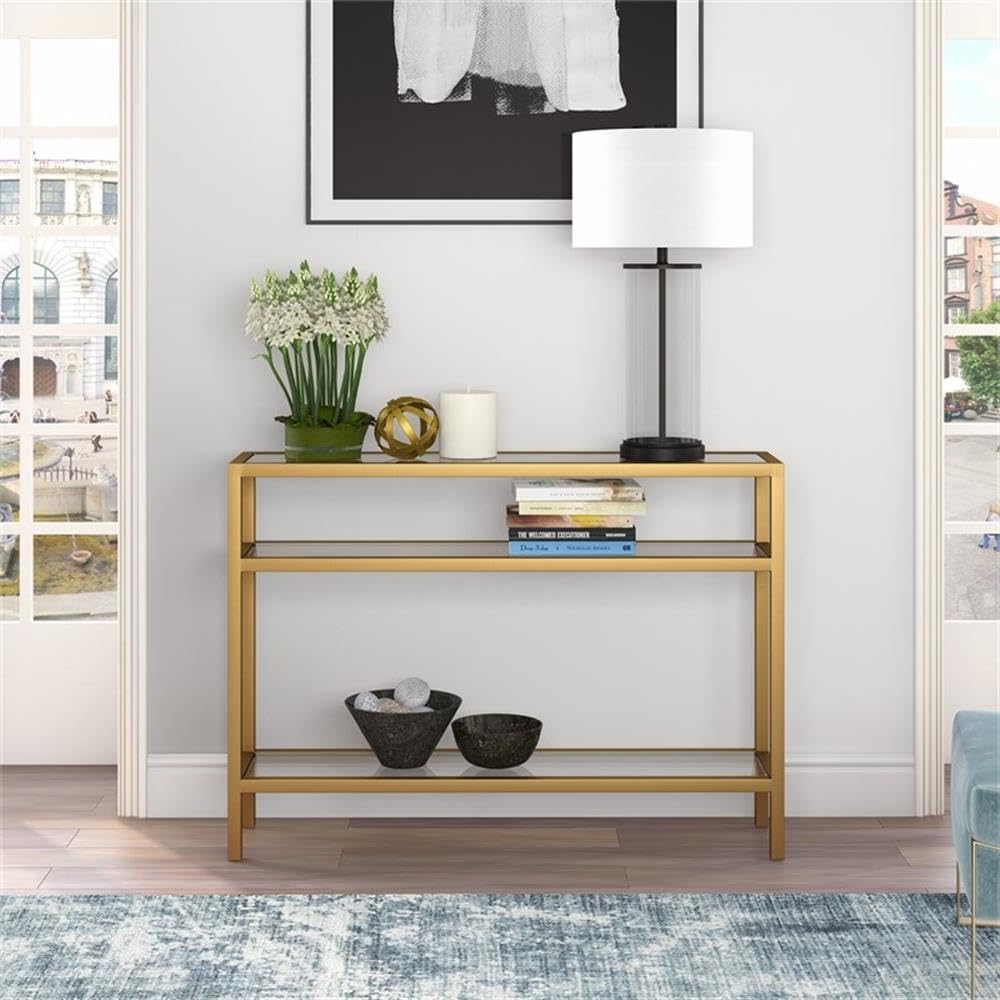 Pemberly Row 42-Inch Traditional Gold Metal Console Table with 3 Glass Shelves - Elegant Entryway, Living Room, or Hallway Decor