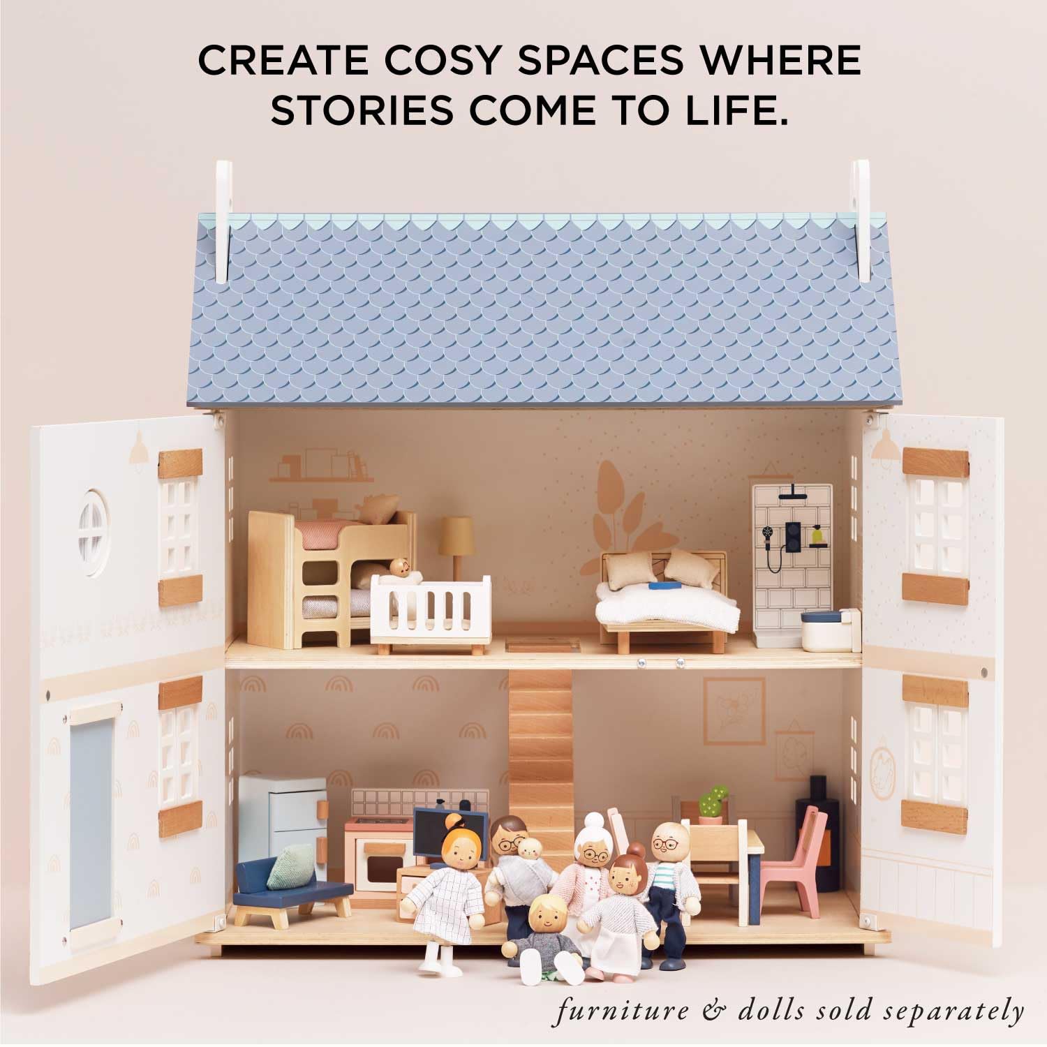 Le Toy Van Bay Tree Doll House - Large 3-Story Wooden Dollhouse Playset for Kids Ages 3+ | Pretend Play, Gift for Girls & Boys, Nursery Decor