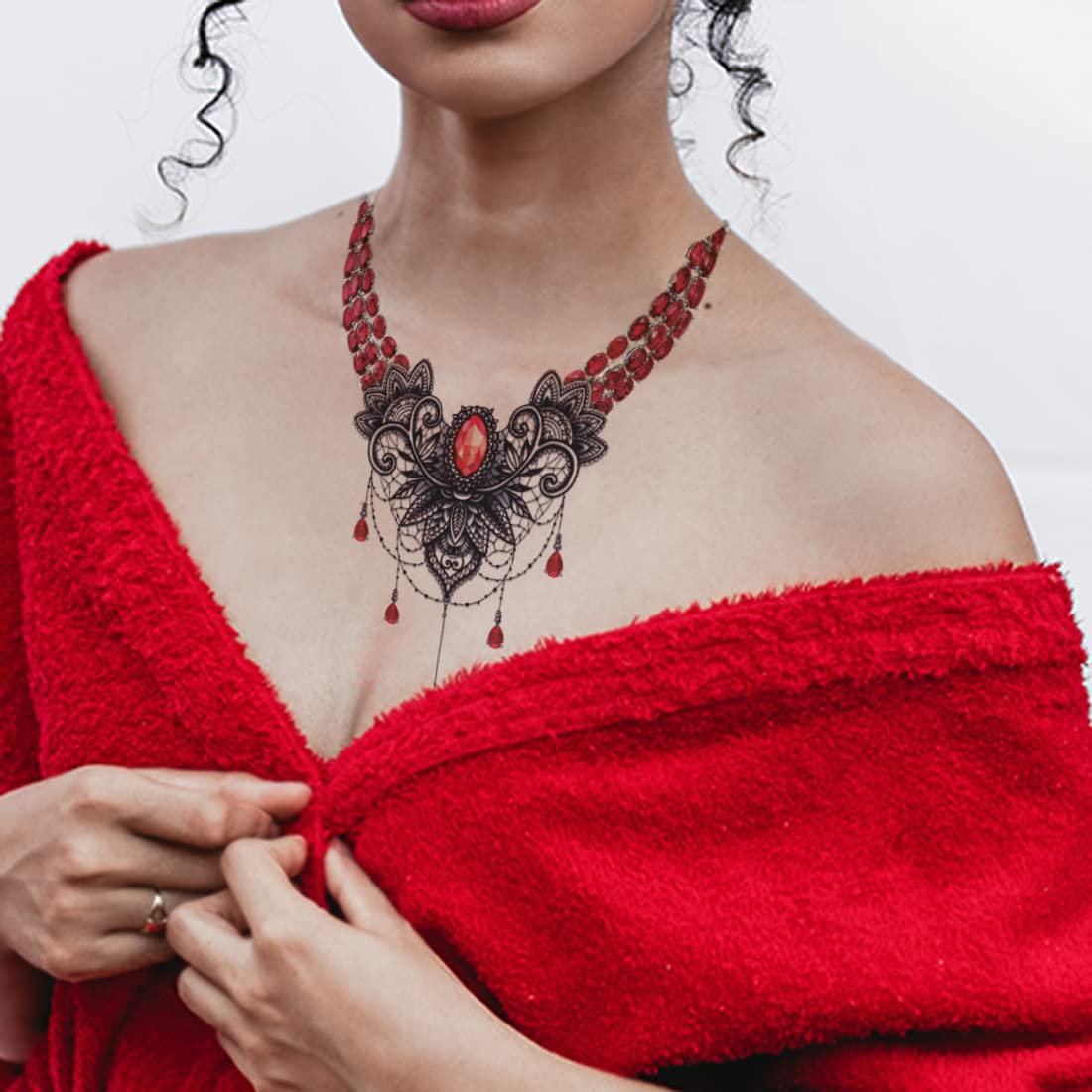 Waterproof Temporary Tattoo Necklace with Red Diamond Design - Fun Body Art for Kids, Boys & Girls - Perfect for Parties, Halloween Costumes & Summer Beach Events