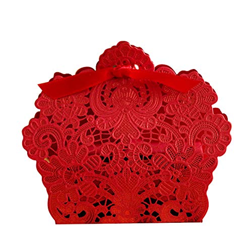 Ponatia 50-Piece Laser Cut Wedding Favor Boxes with Ribbon - Elegant Red Gift Boxes for Chocolates, Candies & Party Favors - Perfect for Weddings, Bridal Showers & Special Events