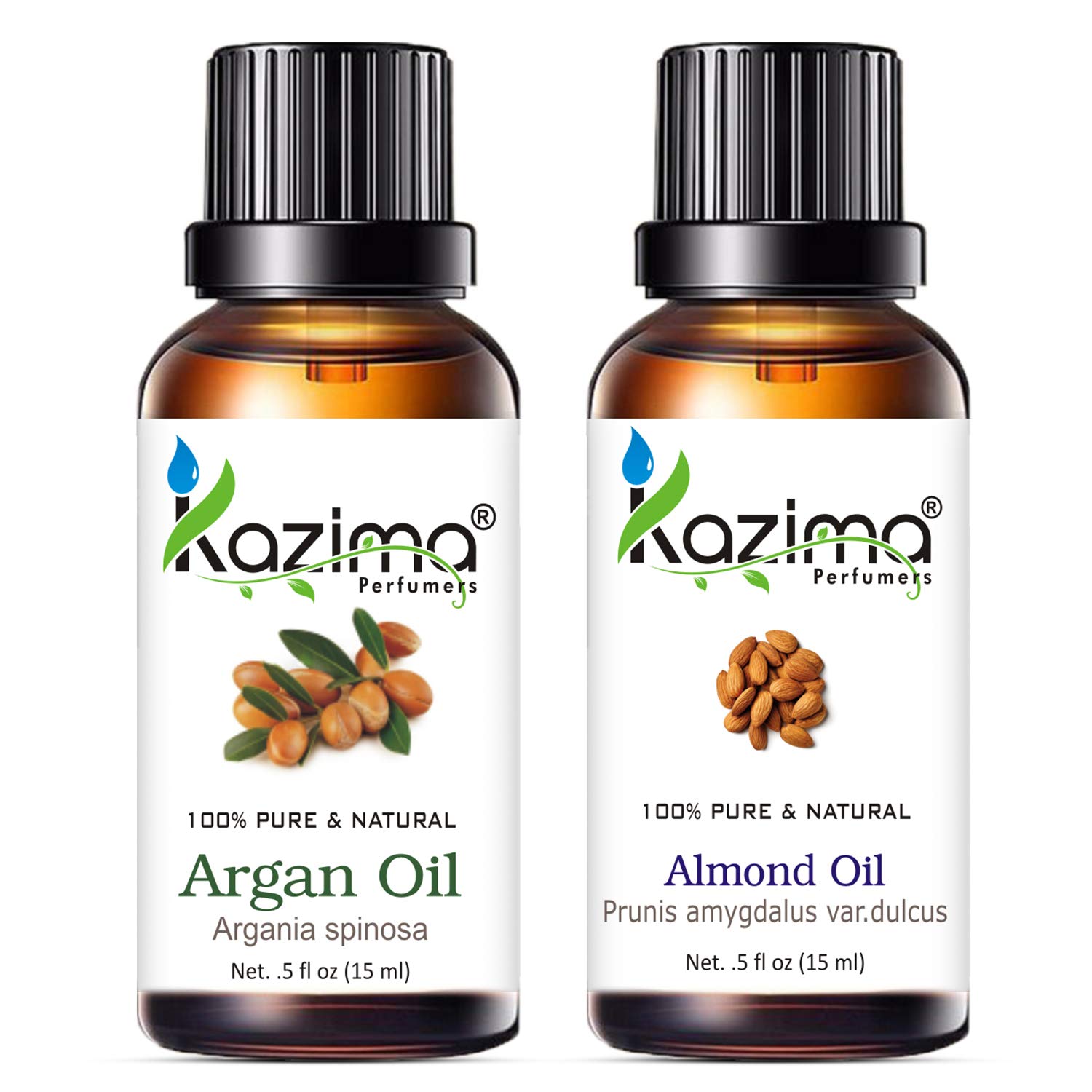 KAZIMA Pure Argan Oil & Almond Oil Combo - 100% Cold Pressed Carrier Oils for Acne Treatment, Hair Growth, Scalp Care & Skin Moisturizer (15ml Each) - Perfect for DIY Beauty, Massage & Aromatherapy