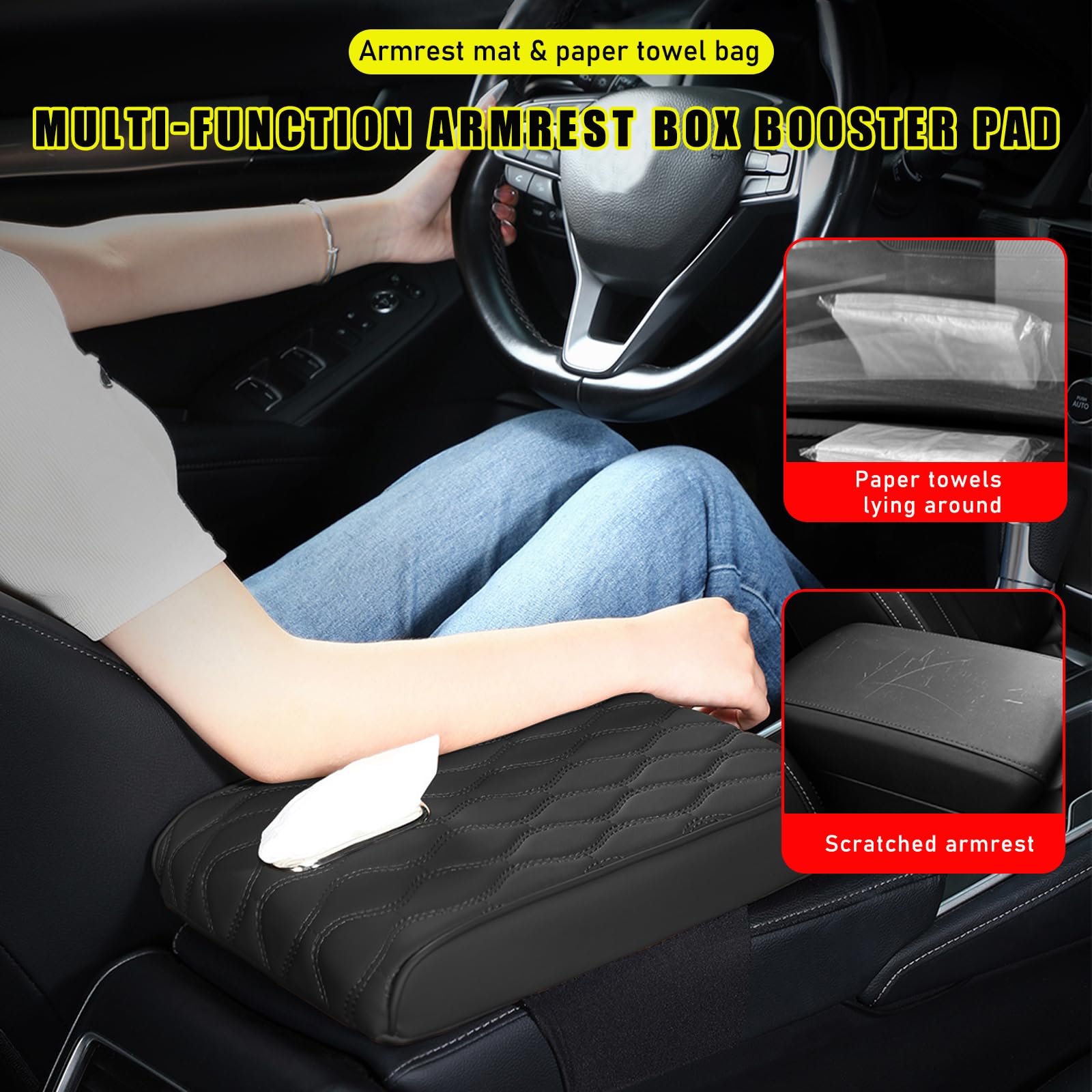 Universal Waterproof Leather Car Center Console Cushion Pad - Soft Memory Foam Armrest Protector for Comfortable Driving | Auto Accessories for Sedan, SUV, Truck (Black)