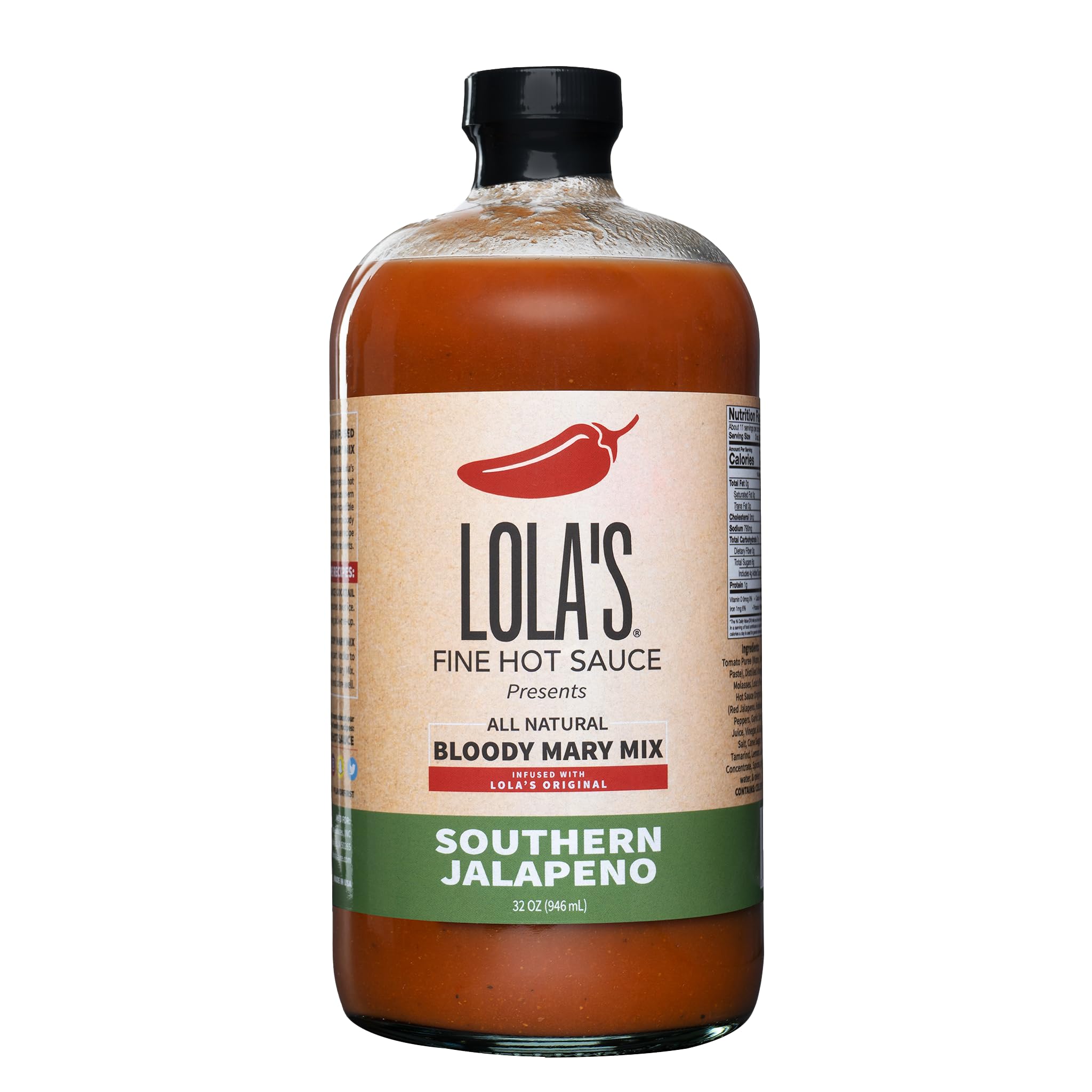 Lola's Southern Jalapeno Bloody Mary Mix 32 oz - All Natural Gluten Free Hot Sauce Infused Cocktail Mixer | Handcrafted Spicy Bloody Mary Drink for Brunch, Parties & Home Bars | Perfect for Entertaining & Gifting