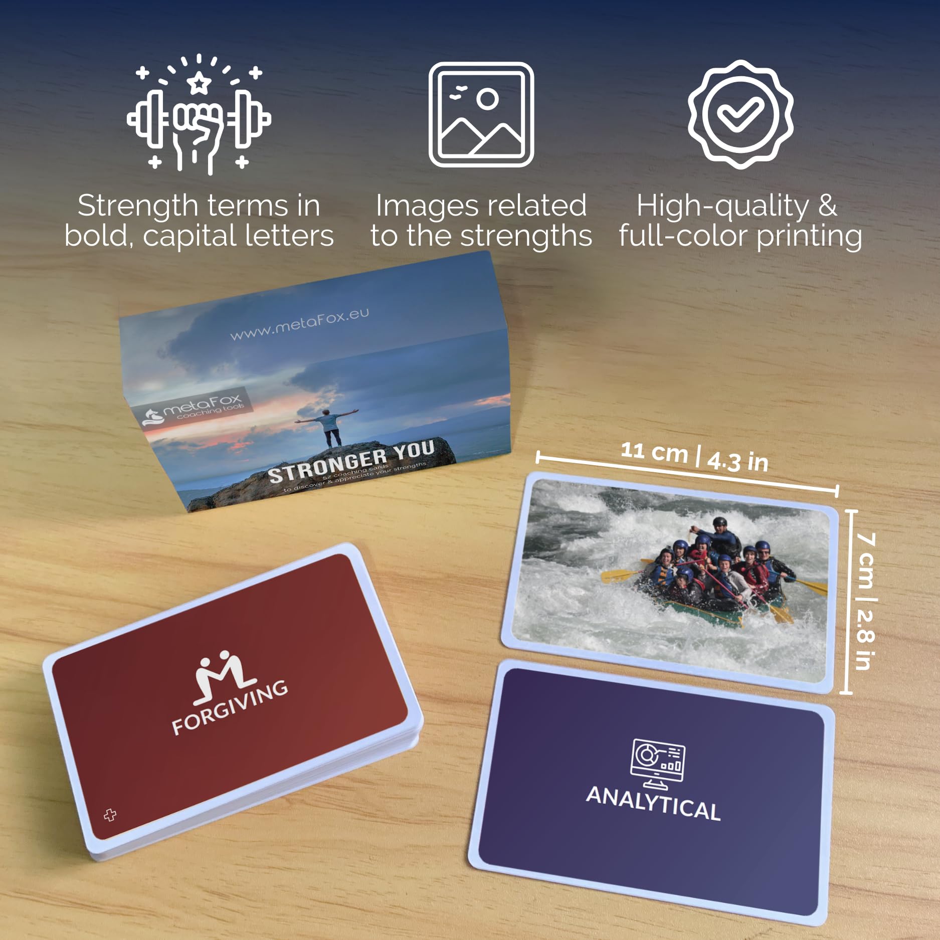 metaFox Stronger You | 52 Premium Strength Cards for Coaching, Therapy, Workshops & Team Building | Durable Coaching Cards with Strengths, Icons & Images | Compact Format for Multiple Uses | Perfect for Counselors, Therapists & HR Professionals