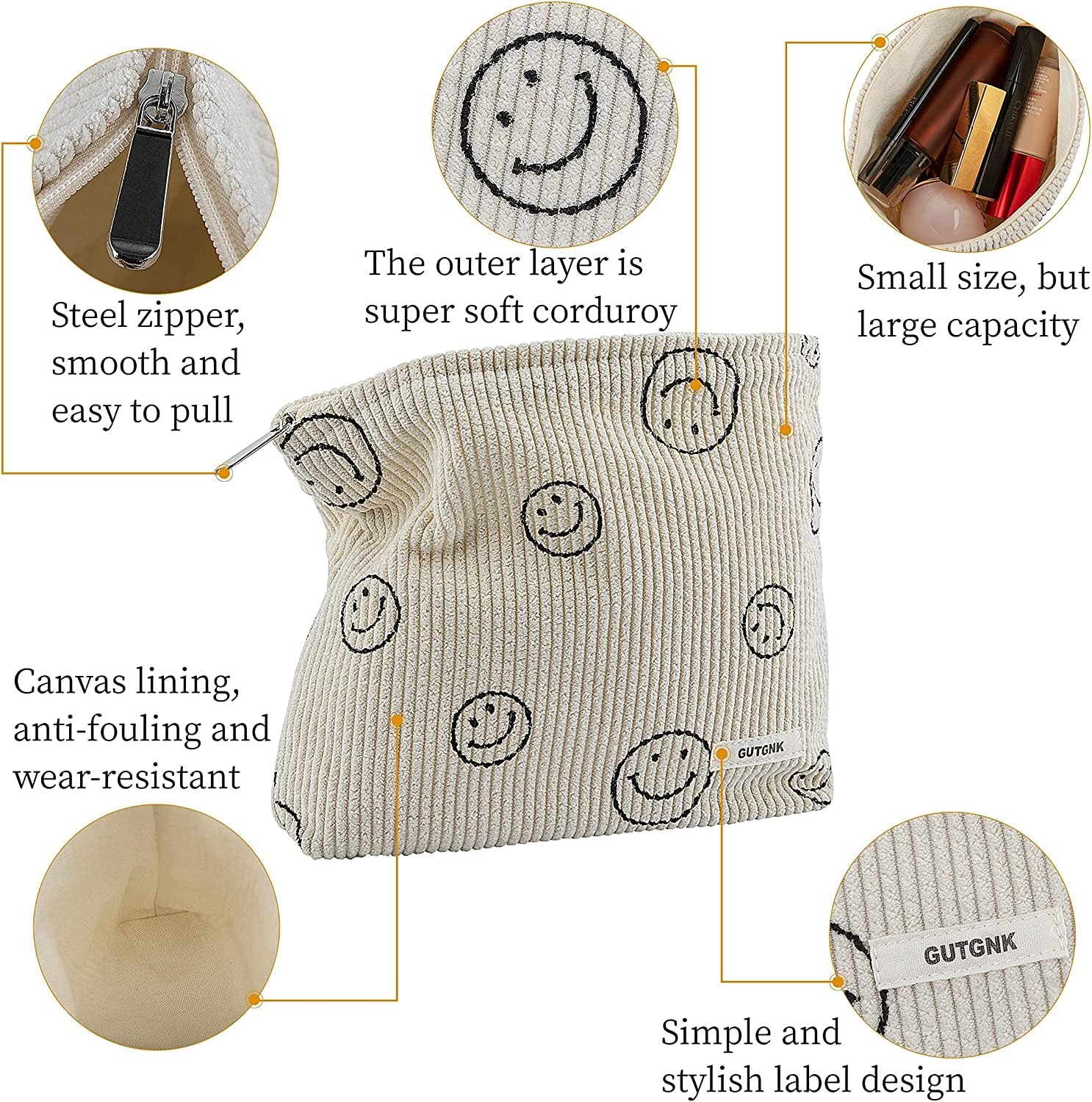 Corduroy Makeup Bag for Women - Small Aesthetic Cosmetic Organizer with Smile Dots Design, Travel Toiletry Pouch (Beige, 25x5x18cm) | Perfect for Daily Makeup Storage, Travel Essentials & Gift for Girls