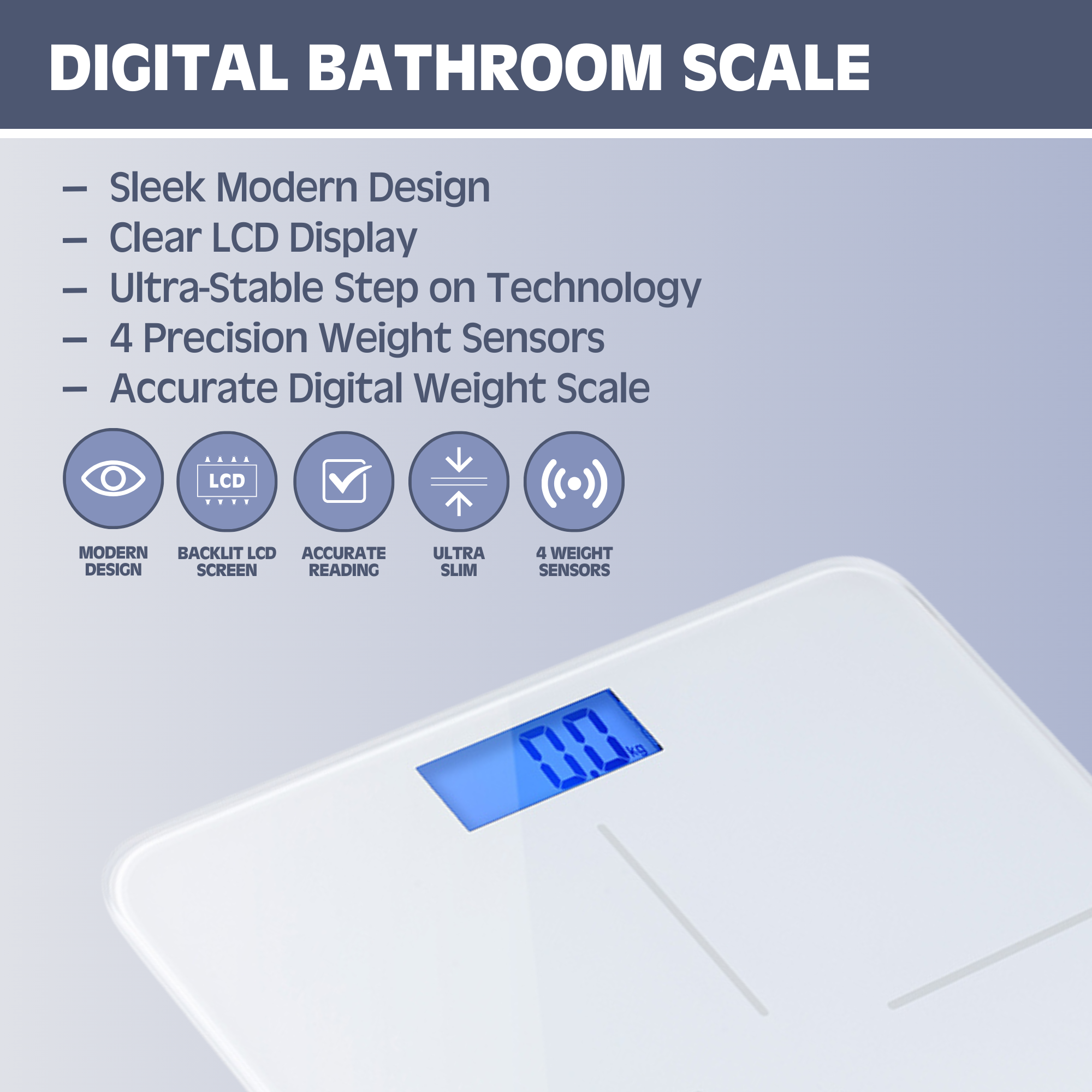 Smart Digital Bathroom Scale - Ultra Thin Auto Step-On Body Weight Scale with High Precision Sensors, LCD Display - Perfect for Home Gym, Fitness Tracking & Health Monitoring (White)