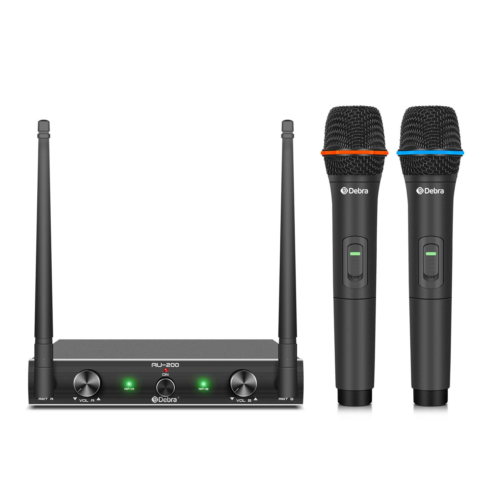 Debra Audio AU200 Pro UHF 2 Channel Wireless Microphone System - Dual Cordless Handheld & Lavalier Headset Mics with Metal Receiver - Ideal for Karaoke, Church Events, Parties & Live Performances