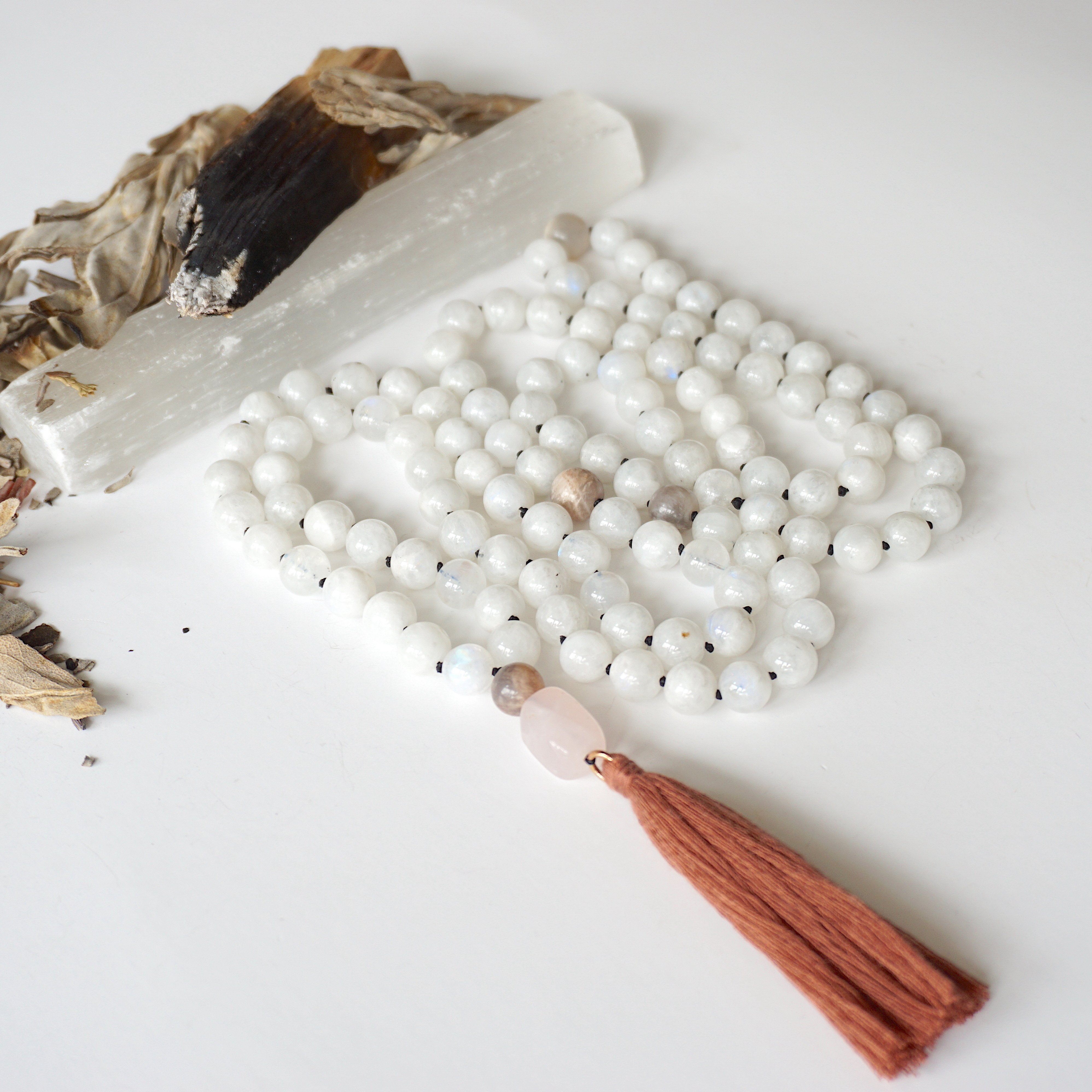 Moonstone and Rose Quartz Mala Necklace - Healing Crystal Beads for Meditation, Yoga & Spiritual Balance | Perfect for Mindfulness Practice & Stress Relief